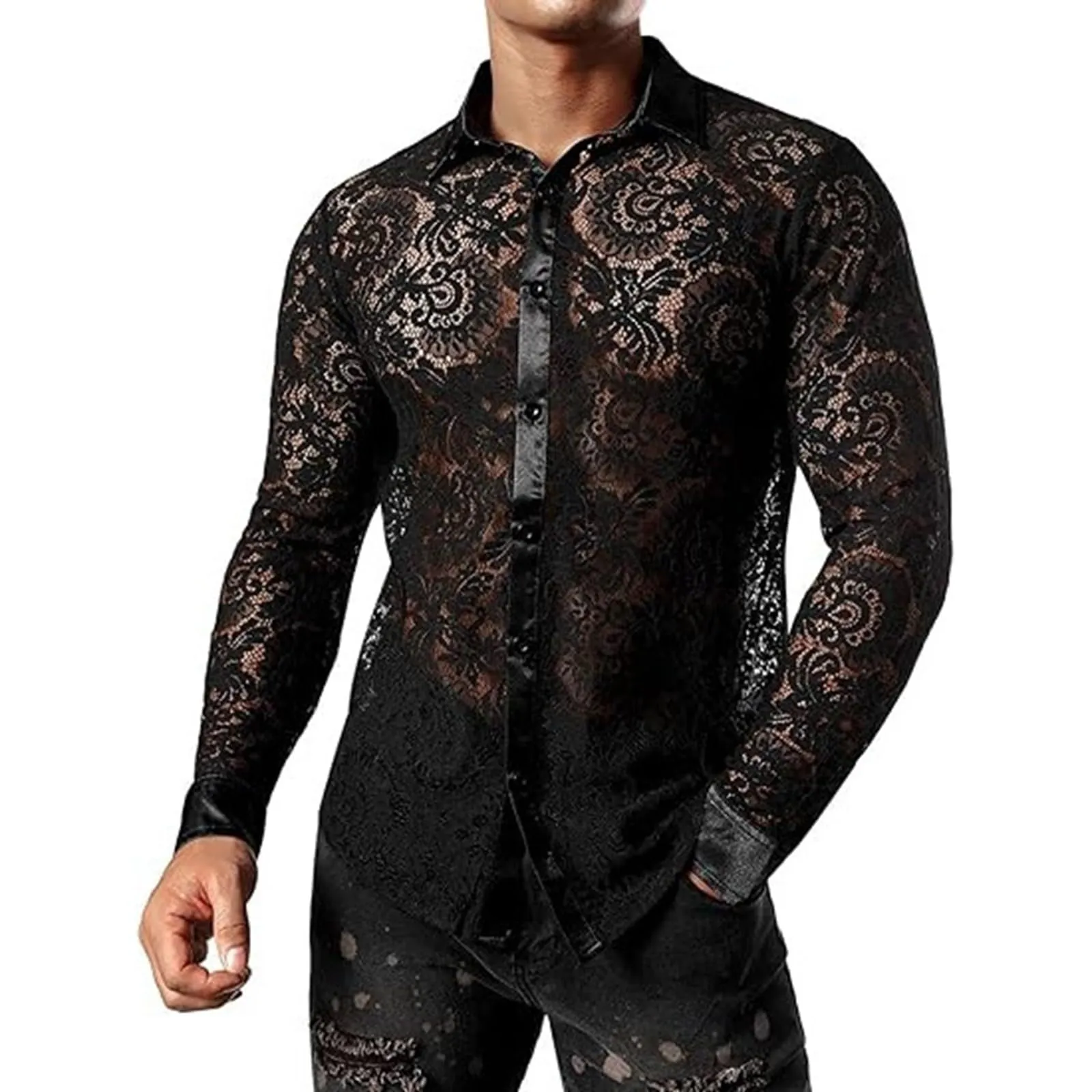 Duohropke, maglietta a maniche lunghe da uomo, in rete trasparente, top in mesh, camicia in rete con bottoni, biancheria intima sexy, abbigliamento da club, Nero , XXL - immagine 2