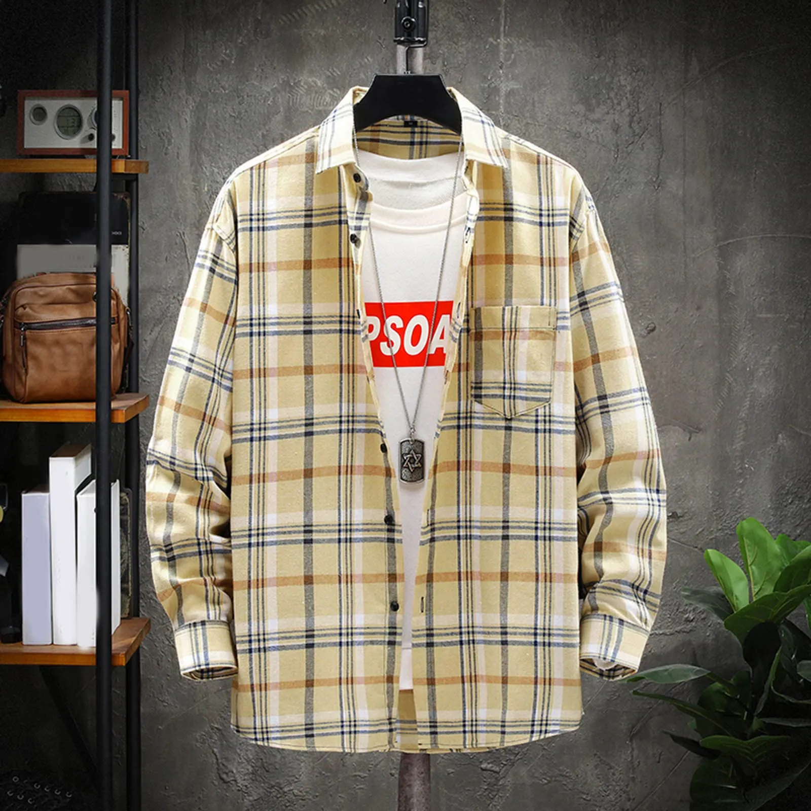 Mymyguoe - Camicia da lavoro da uomo a quadri, camicia da uomo per boscaiolo, camicia da tempo libero, a maniche lunghe, camicia a quadri, camicia con revers, camicia button down, camicia da uomo - immagine 2