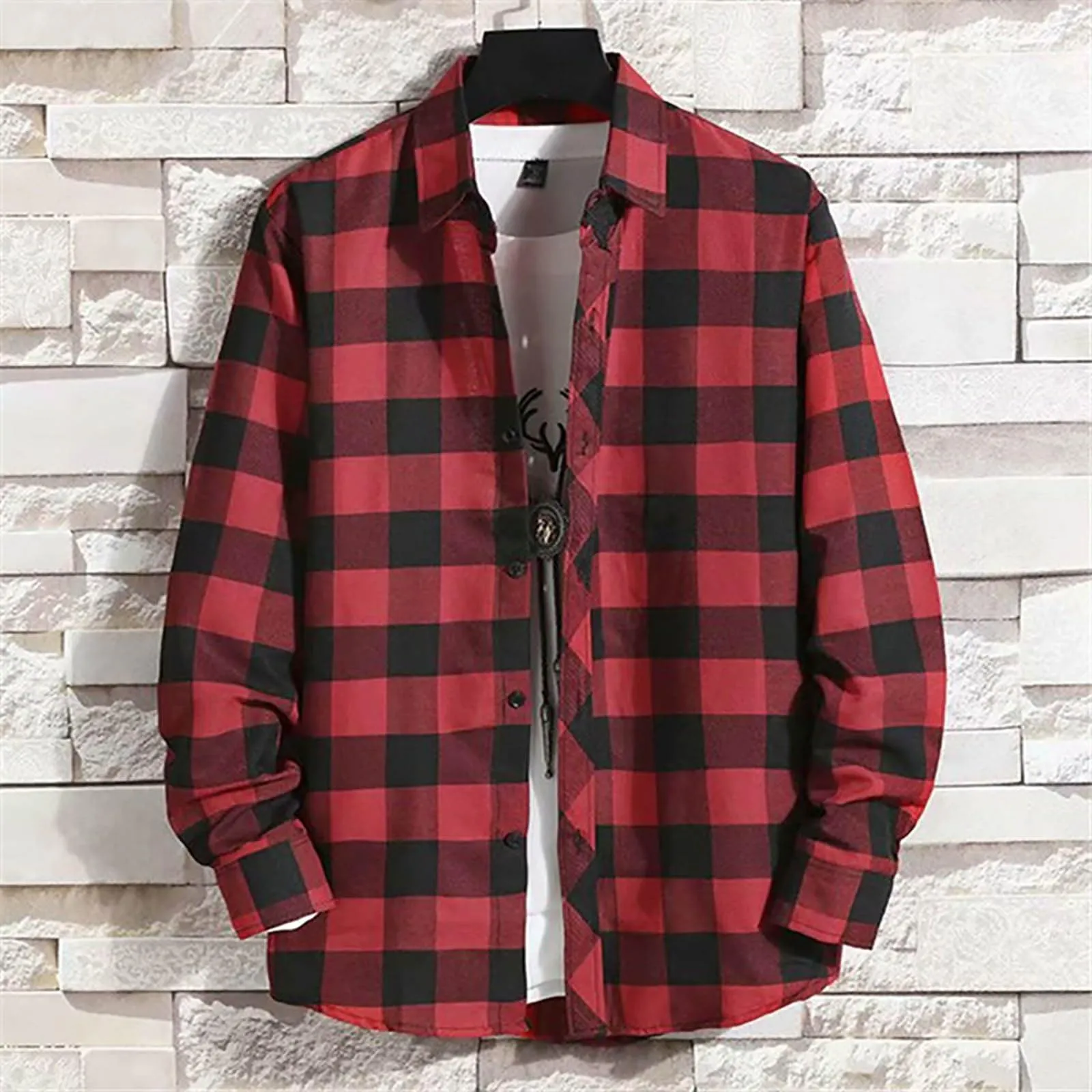 Mymyguoe - Camicia da lavoro da uomo a quadri, camicia da uomo da boscaiolo, camicia da tempo libero, longsleeve, camicia a maniche lunghe, camicia a quadri, camicia con revers, camicia button down - immagine 2