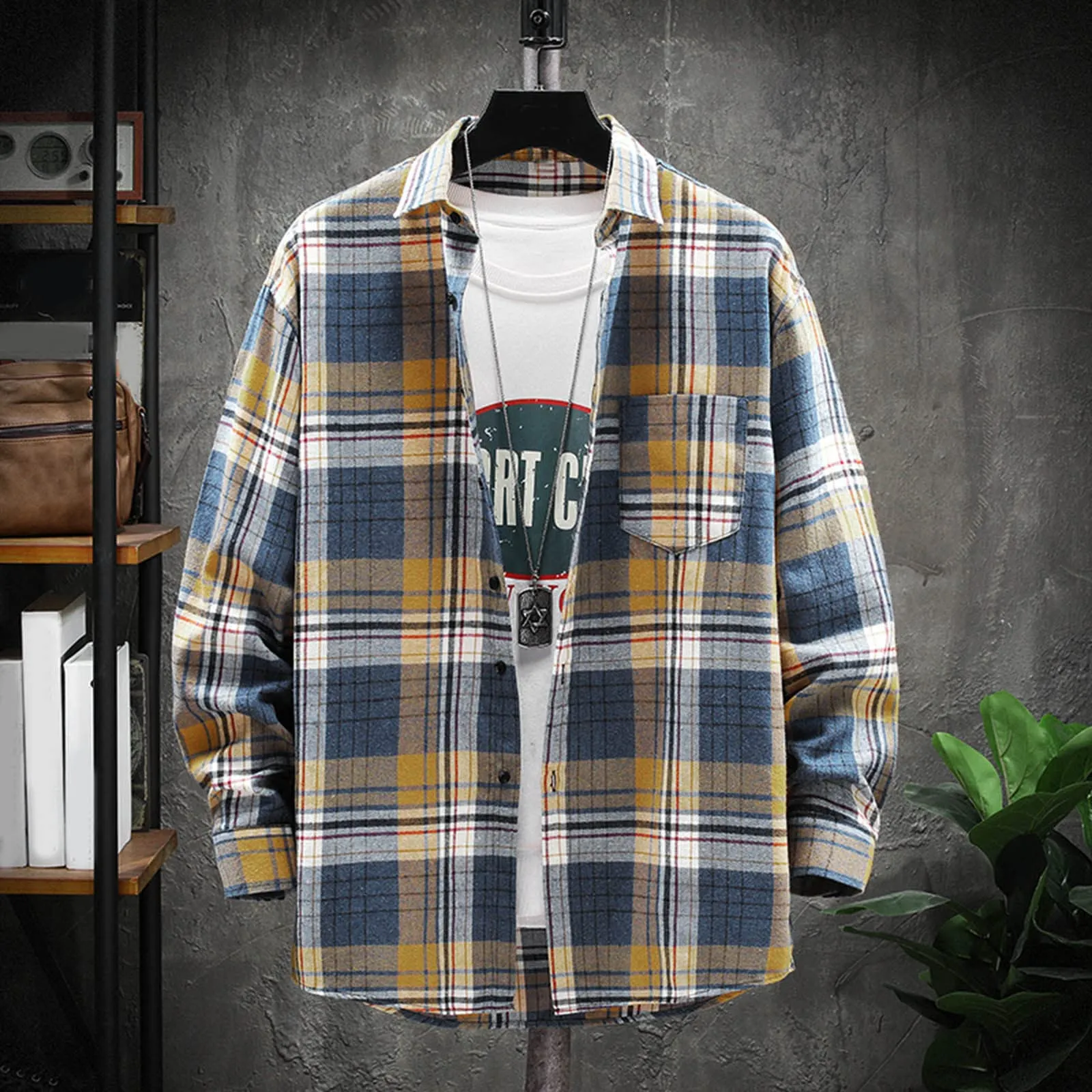 Mymyguoe - Camicia da lavoro da uomo a quadri, camicia da uomo da boscaiolo, camicia da tempo libero, longsleeve, camicia a maniche lunghe, camicia a quadri, camicia con revers, camicia button down - immagine 2
