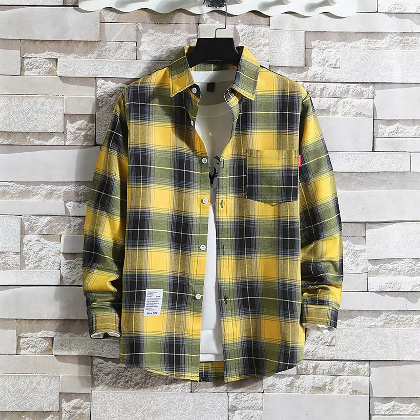 Mymyguoe - Camicia da lavoro da uomo a quadri, camicia da uomo da boscaiolo, camicia da tempo libero, longsleeve, camicia a maniche lunghe, camicia a quadri, camicia con revers, camicia button down - immagine 2