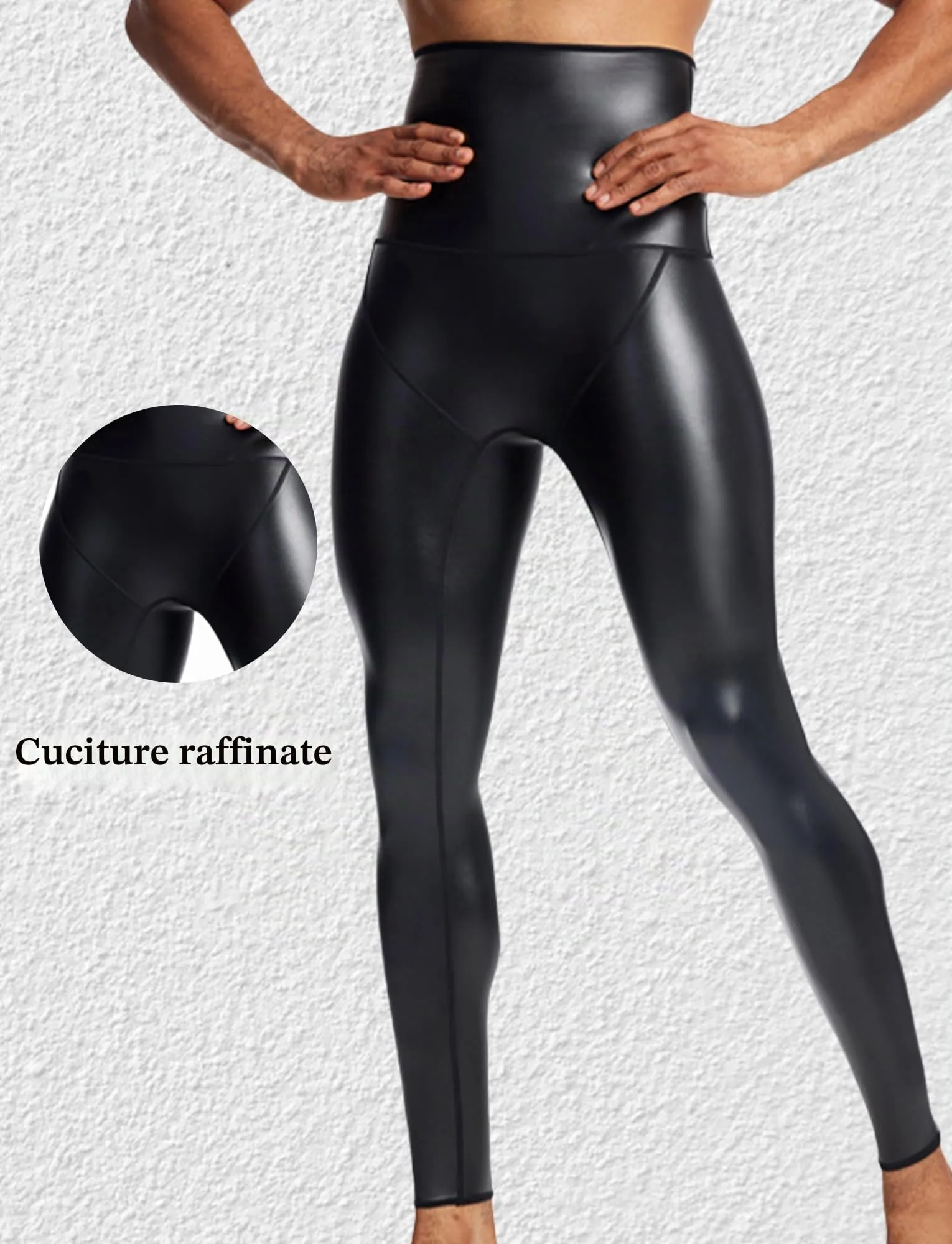 Ausing Leggings di Pelle da Uomo Pantaloni in Ecopelle Slim Fit Leggings Sportivi Vita Alta Wetlook Pantaloni Aderenti per Discoteca Clubwear Nero M - immagine 4