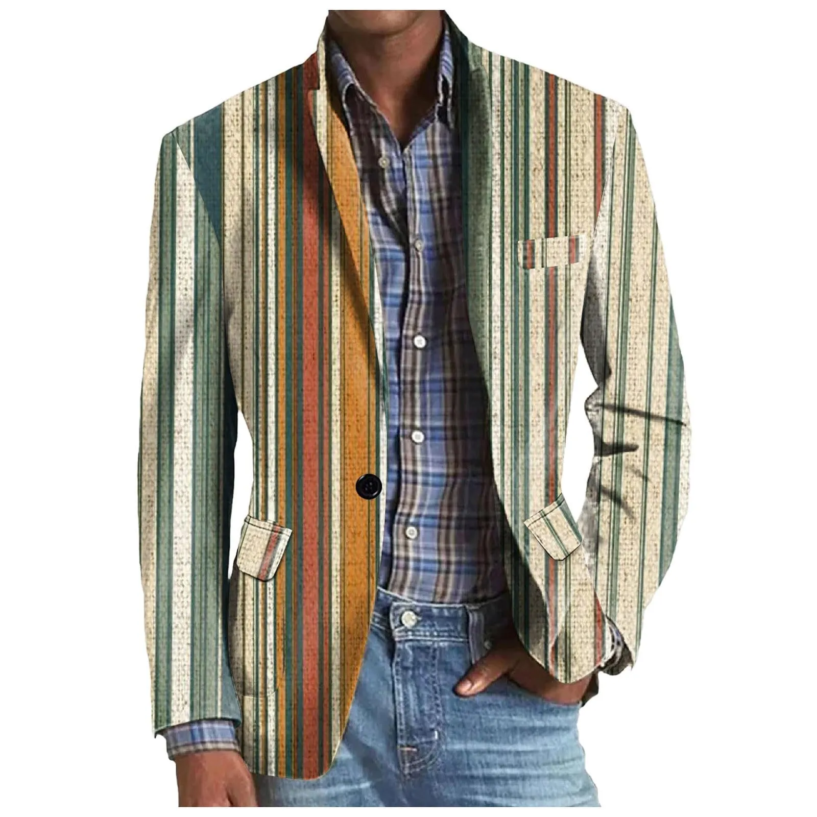 Blazer da Uomo, Casual Lino Tempo Libero Leggera Giacche da Abito Primavera Estate Revers a Righe con Un Bottone Giacca Formale Casual Blazer Business Sakko for Wedding Business Evening da Lavoro - immagine 1
