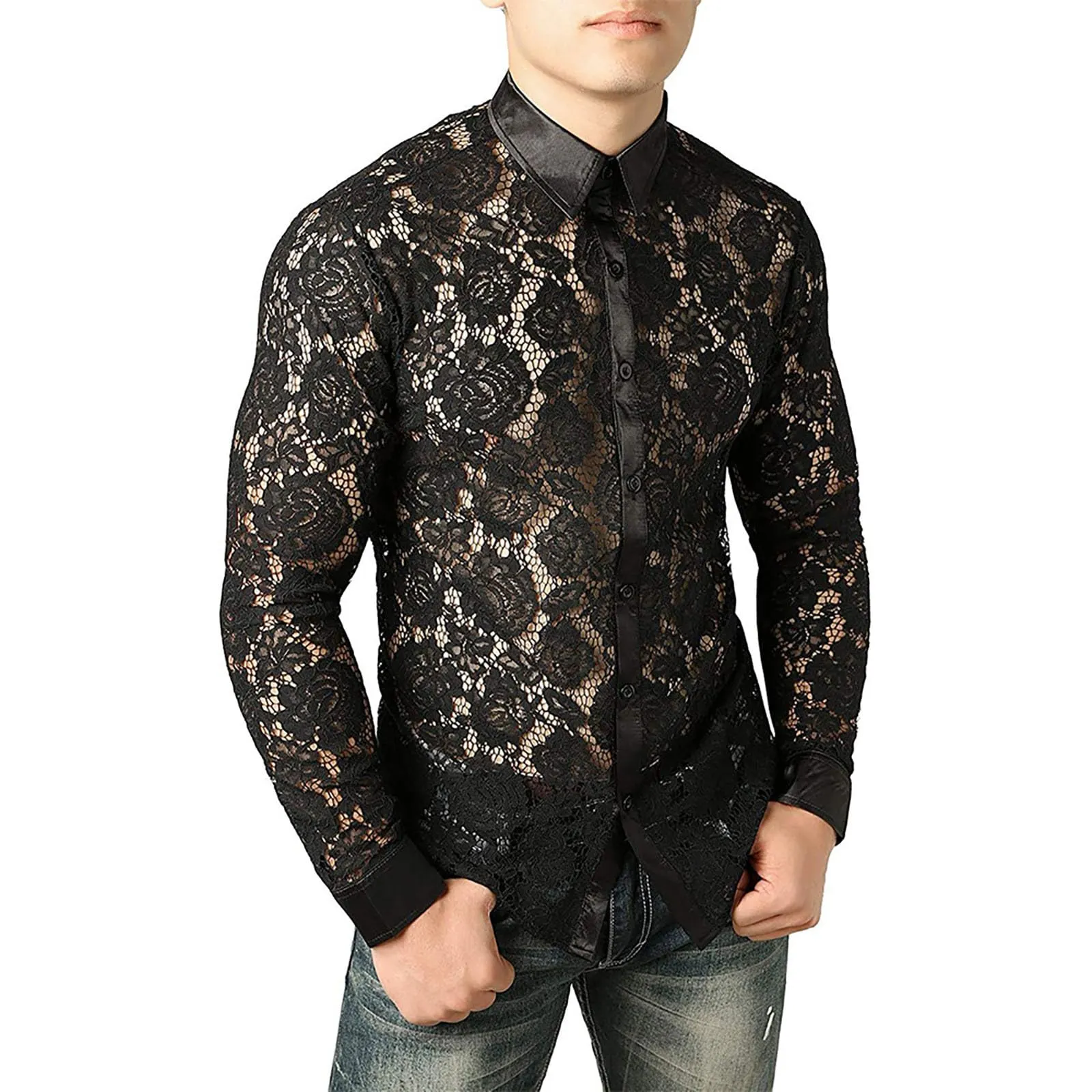 Duohropke, maglietta a maniche lunghe da uomo, in rete trasparente, top in mesh, camicia in rete con bottoni, biancheria intima sexy, abbigliamento da club, 01 nero, L - immagine 2