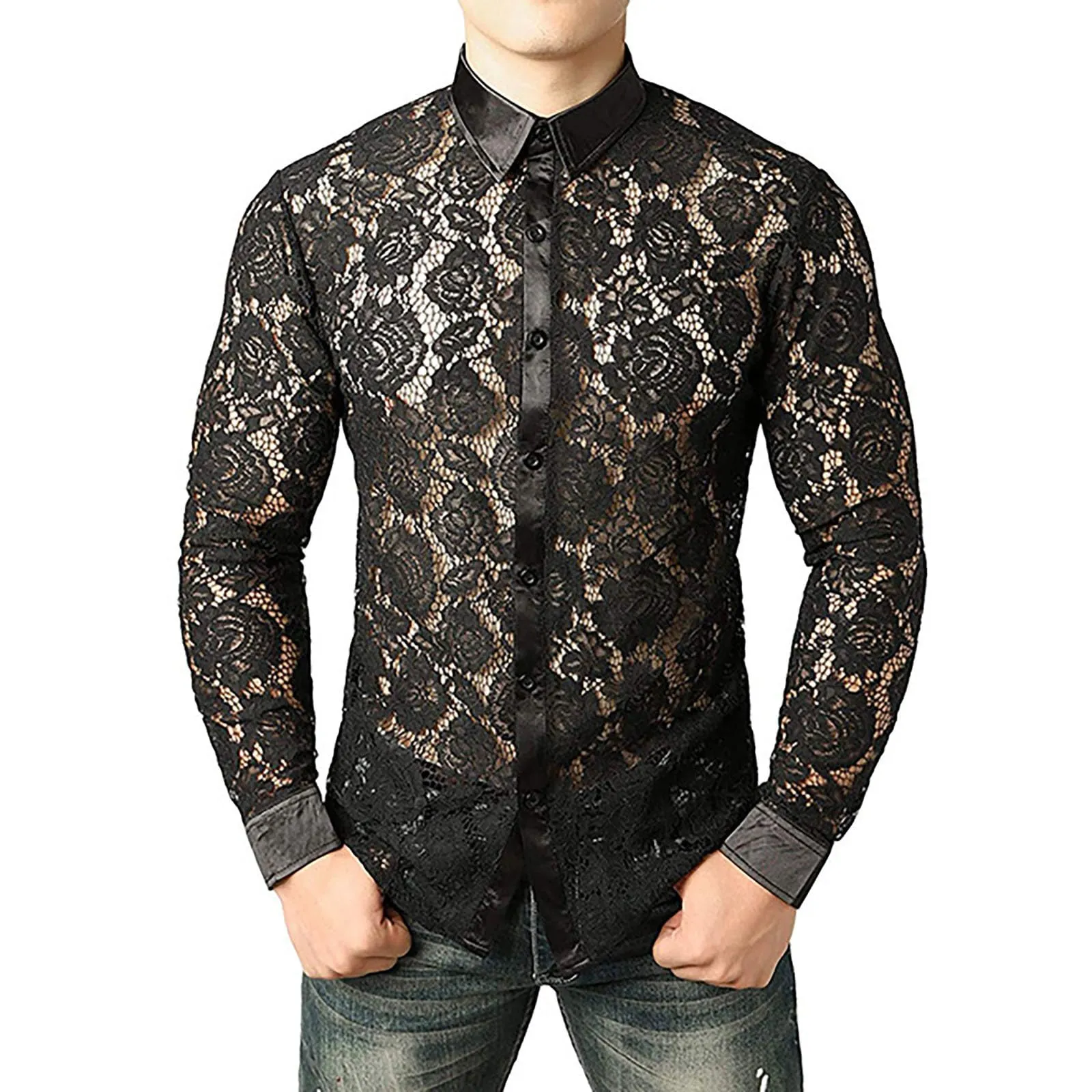 Duohropke, maglietta a maniche lunghe da uomo, in rete trasparente, top in mesh, camicia in rete con bottoni, biancheria intima sexy, abbigliamento da club, 01 nero, XXL - immagine 1