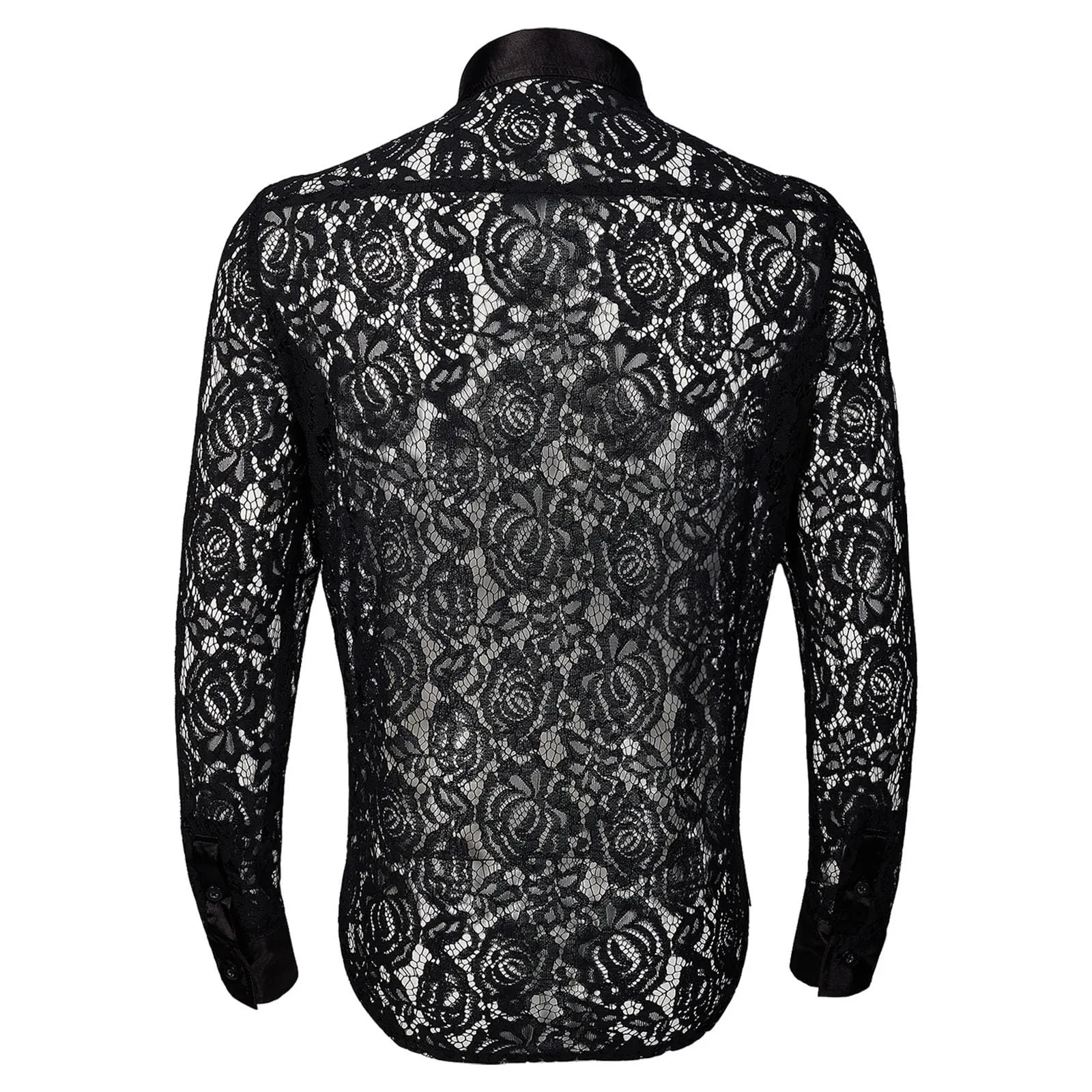 Duohropke, maglietta a maniche lunghe da uomo, in rete trasparente, top in mesh, camicia in rete con bottoni, biancheria intima sexy, abbigliamento da club, 01 nero, XXL - immagine 5