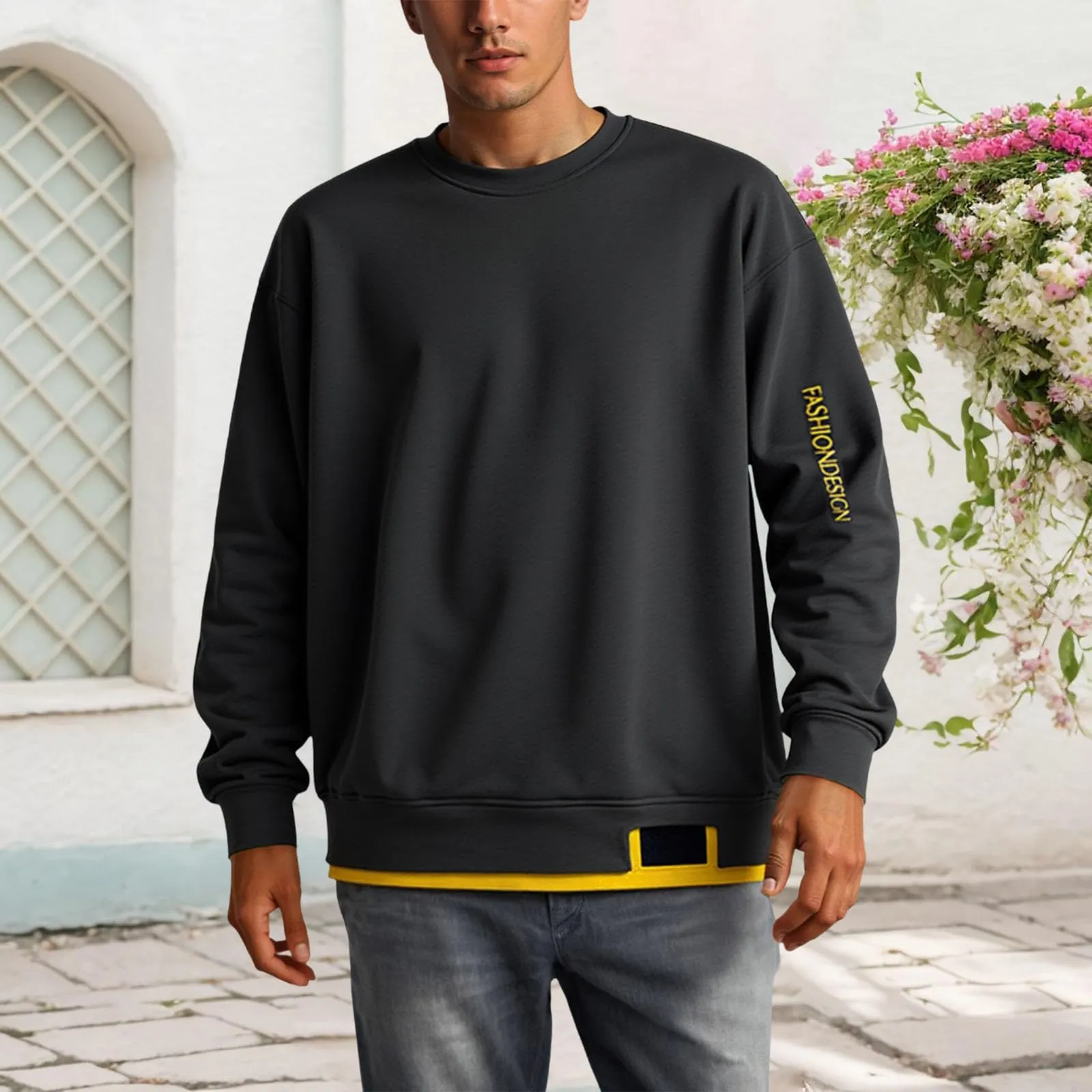 Duohropke Felpa da uomo oversize, con scollo rotondo, finto in due pezzi, a maniche lunghe, senza cappuccio, vintage, per primavera, inverno, maglione da lavoro, taglie forti, grigio., 7XL - immagine 2