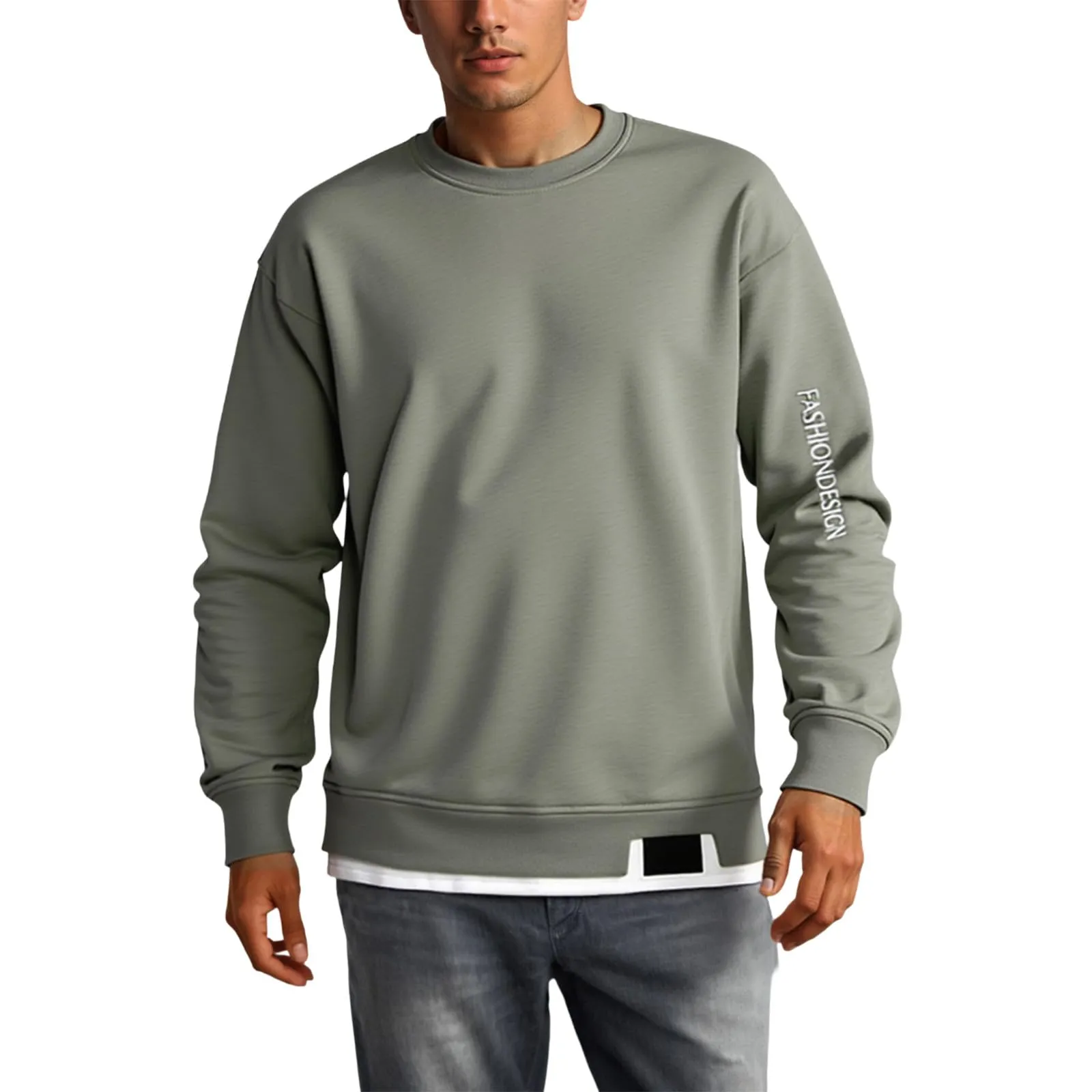 Duohropke Felpa da uomo oversize, con scollo rotondo, finto in due pezzi, a maniche lunghe, senza cappuccio, vintage, per primavera, inverno, maglione da lavoro, taglie forti, verde militare, 3XL - immagine 1