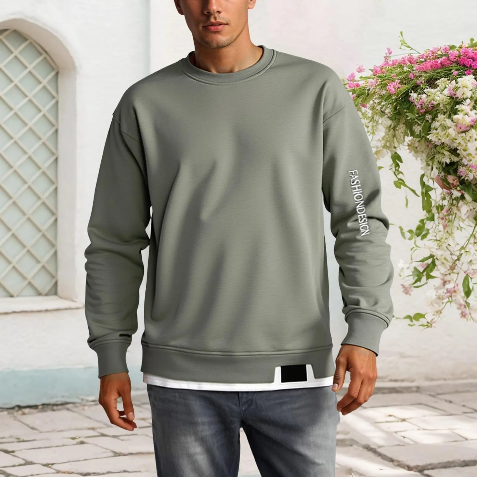 Duohropke Felpa da uomo oversize, con scollo rotondo, finto in due pezzi, a maniche lunghe, senza cappuccio, vintage, per primavera, inverno, maglione da lavoro, taglie forti, verde militare, 3XL - immagine 2