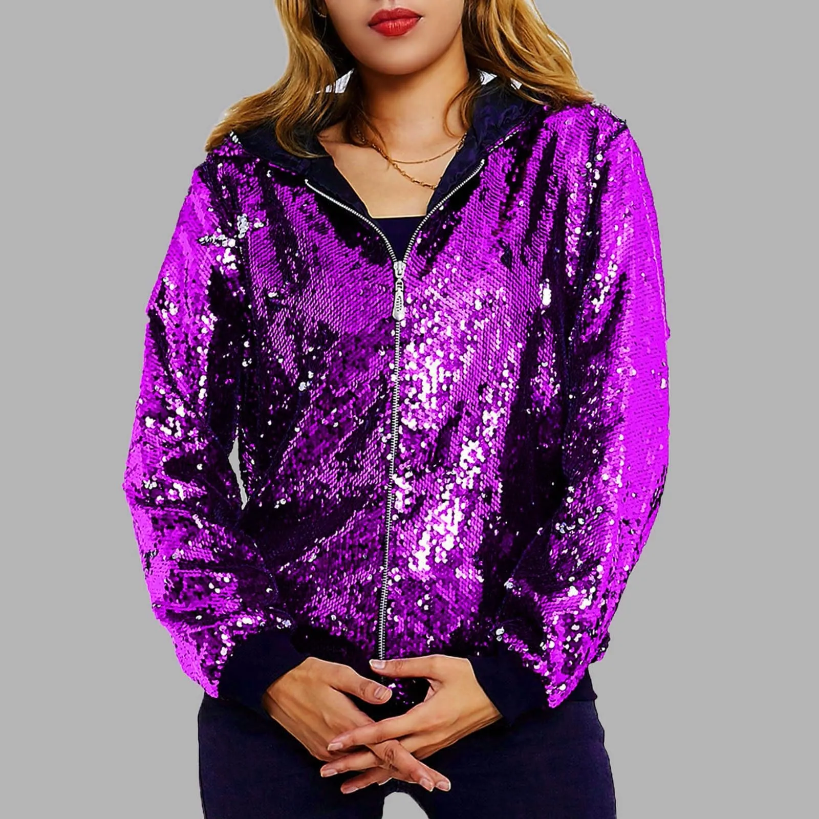 Duohropke Giacca glitterata da donna con cappuccio, con paillette, cardigan, felpa con cappuccio, con cerniera, giacca con cappuccio punk, giacca con cappuccio Rave Party Outwear leggera, lucida, per - immagine 2