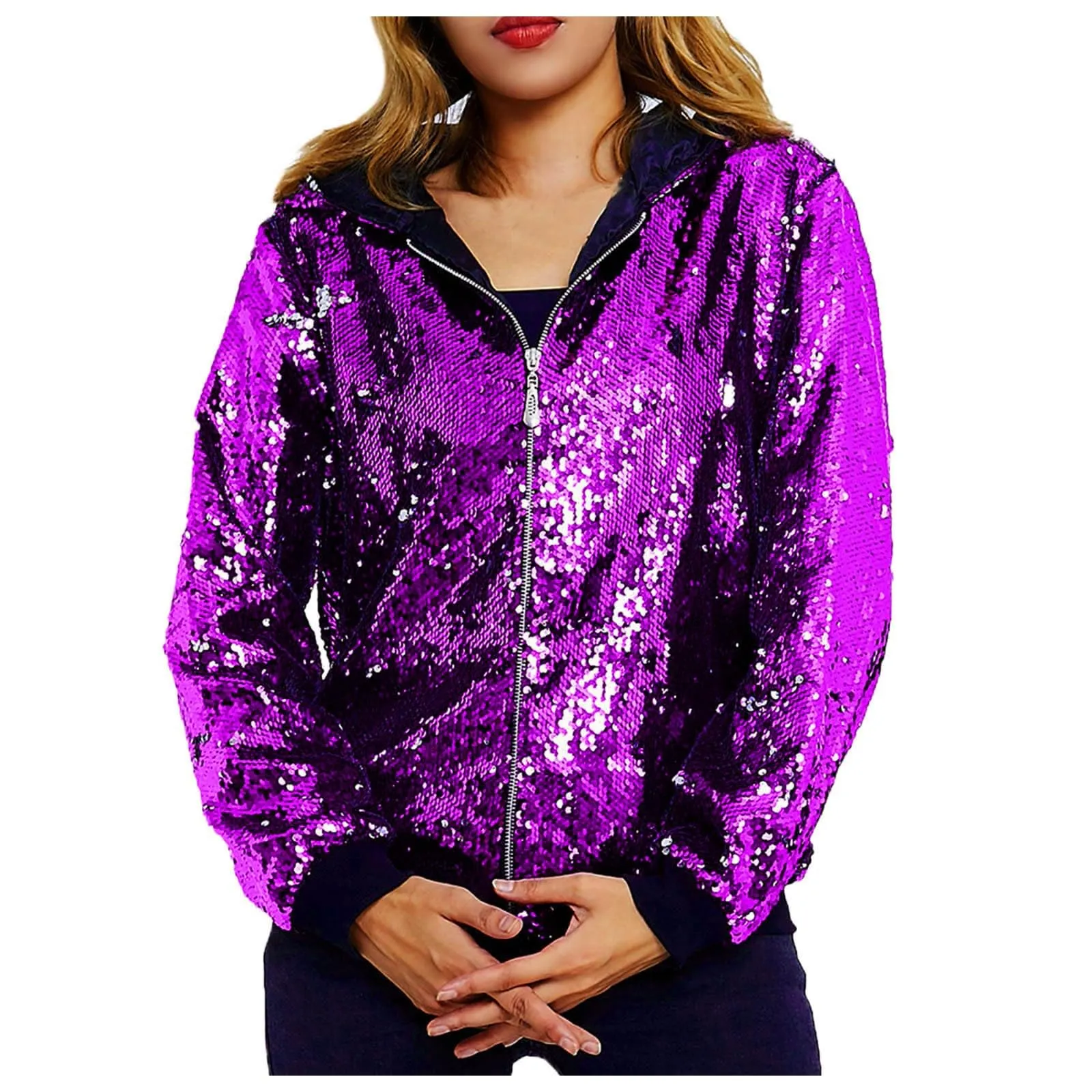 Duohropke Giacca glitterata da donna con cappuccio, con paillette, cardigan, felpa con cappuccio, con cerniera, giacca con cappuccio punk, giacca con cappuccio Rave Party Outwear leggera, lucida, per - immagine 5