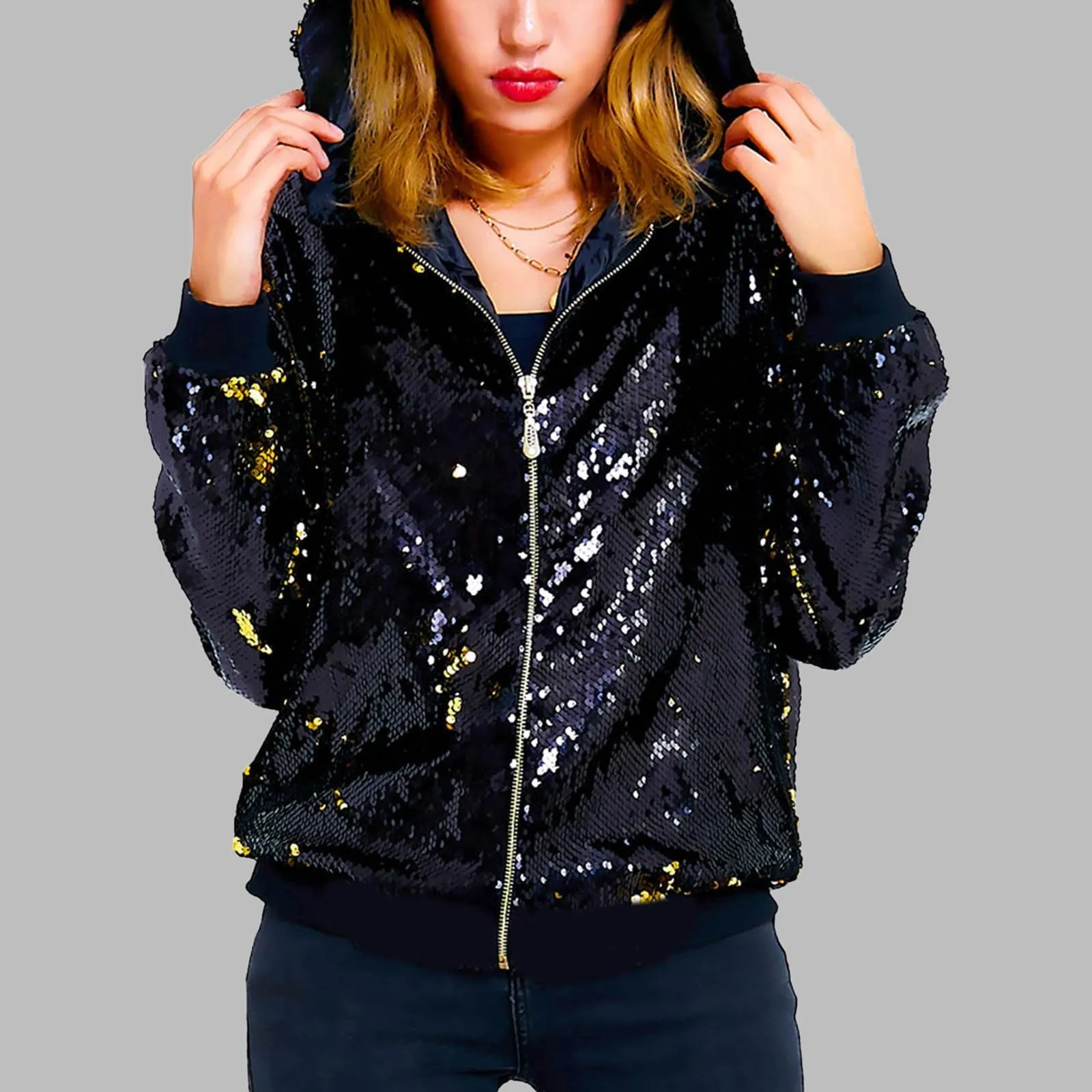 Duohropke Giacca glitterata da donna con cappuccio, con paillette, cardigan, felpa con cappuccio, con cerniera, giacca con cappuccio punk, giacca con cappuccio Rave Party Outwear leggera, lucida, per - immagine 2