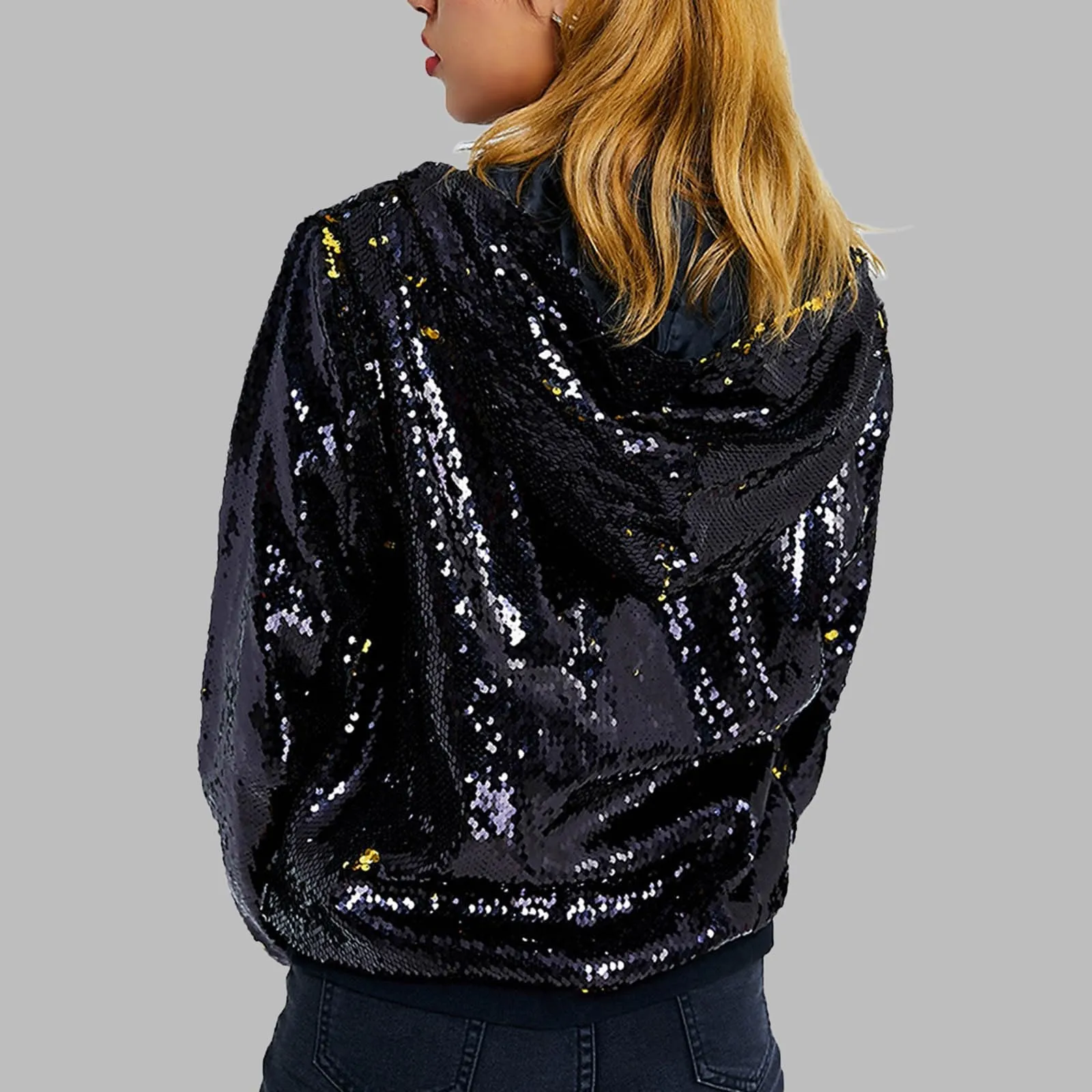 Duohropke Giacca glitterata da donna con cappuccio, con paillette, cardigan, felpa con cappuccio, con cerniera, giacca con cappuccio punk, giacca con cappuccio Rave Party Outwear leggera, lucida, per - immagine 3