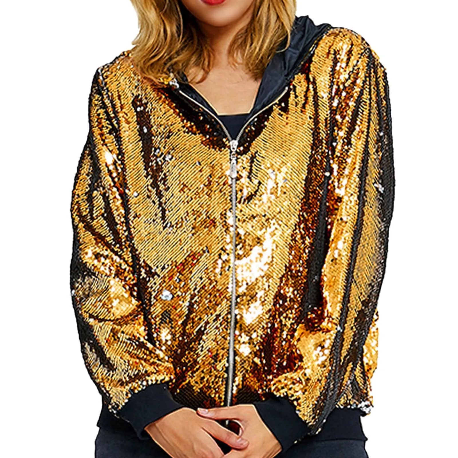 Duohropke Giacca glitterata da donna con cappuccio, con paillette, cardigan, felpa con cappuccio, con cerniera, giacca con cappuccio punk, giacca con cappuccio Rave Party Outwear leggera, lucida, per - immagine 7