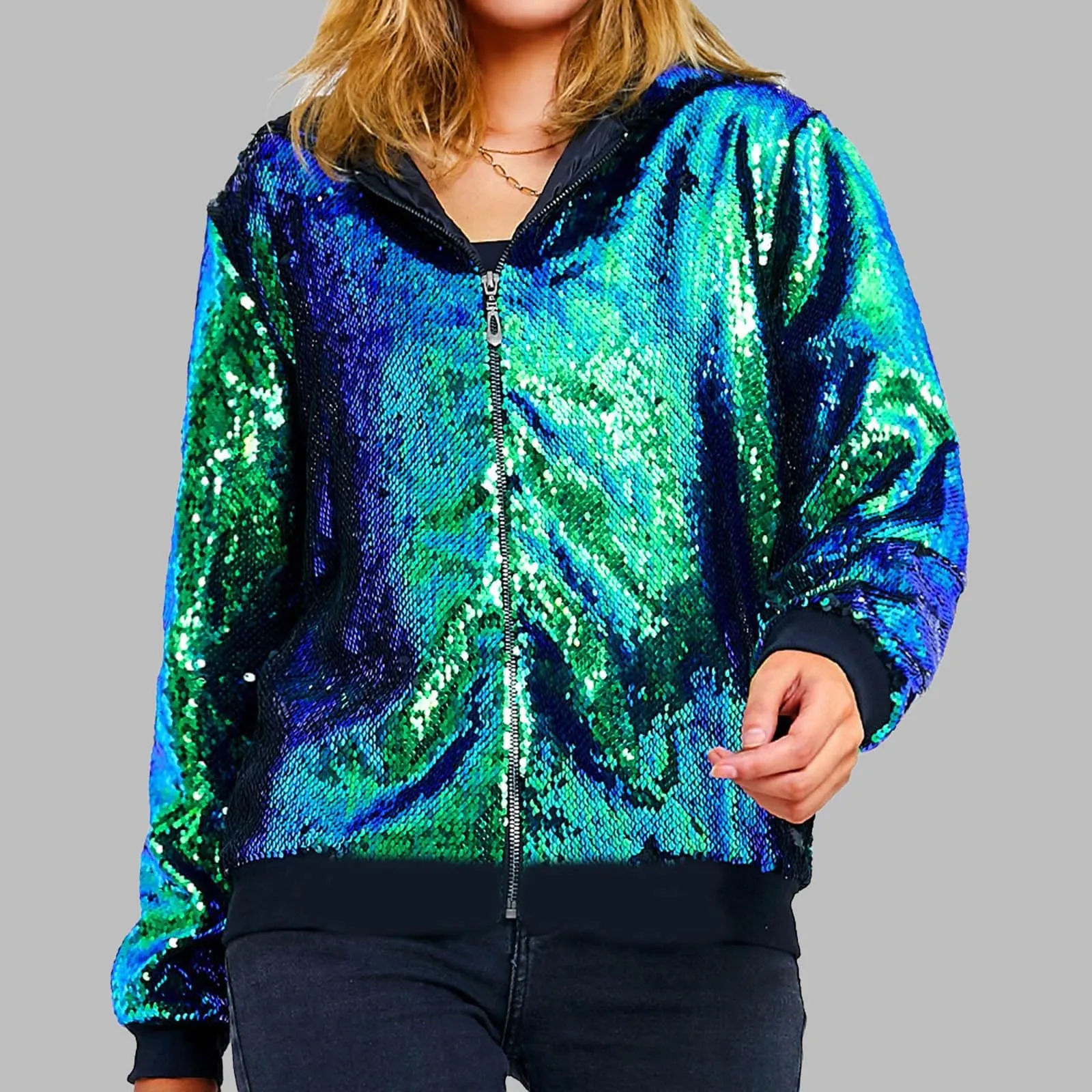 Duohropke Giacca glitterata da donna con cappuccio, con paillette, cardigan, felpa con cappuccio, con cerniera, giacca con cappuccio punk, giacca con cappuccio Rave Party Outwear leggera, lucida, per - immagine 2