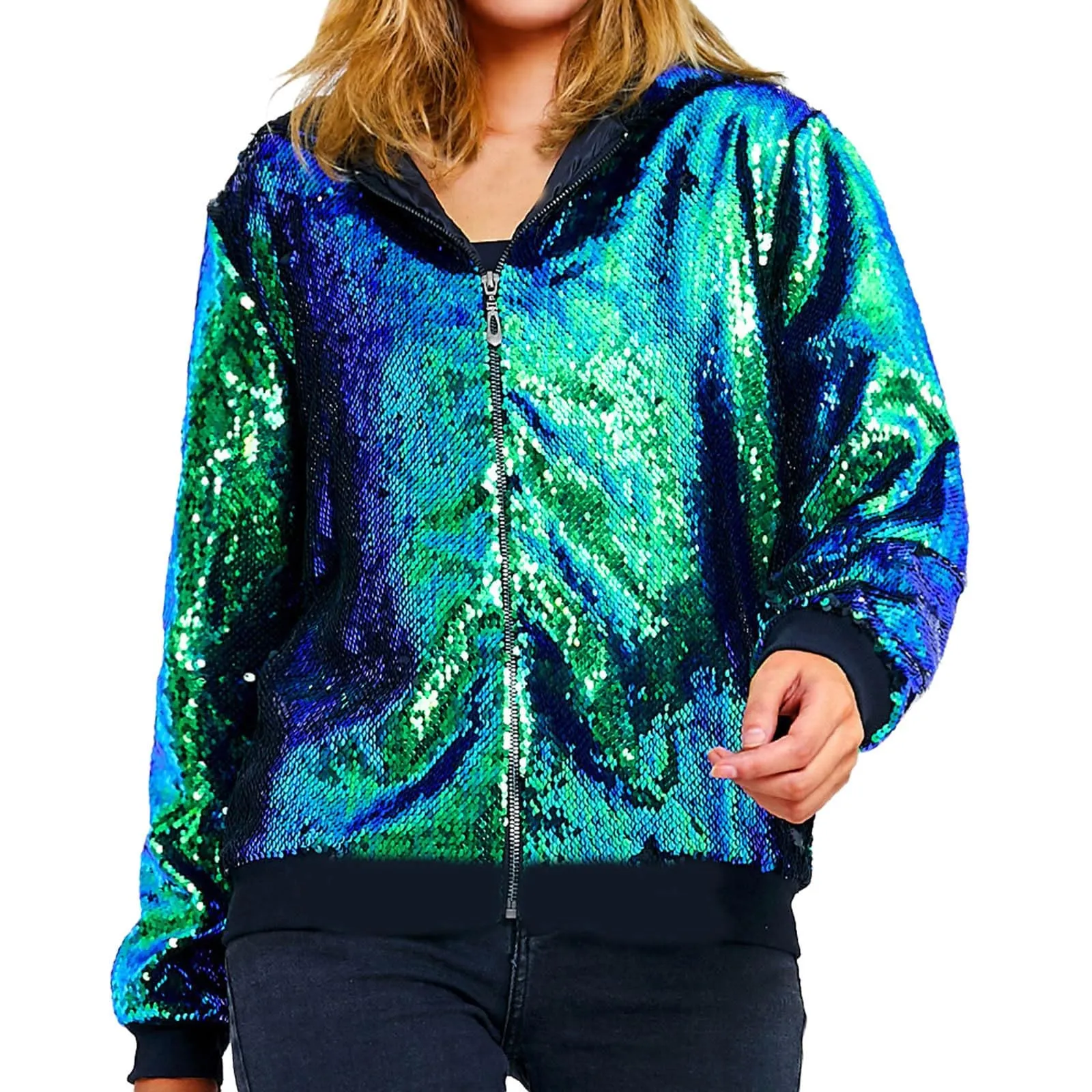 Duohropke Giacca glitterata da donna con cappuccio, con paillette, cardigan, felpa con cappuccio, con cerniera, giacca con cappuccio punk, giacca con cappuccio Rave Party Outwear leggera, lucida, per - immagine 5