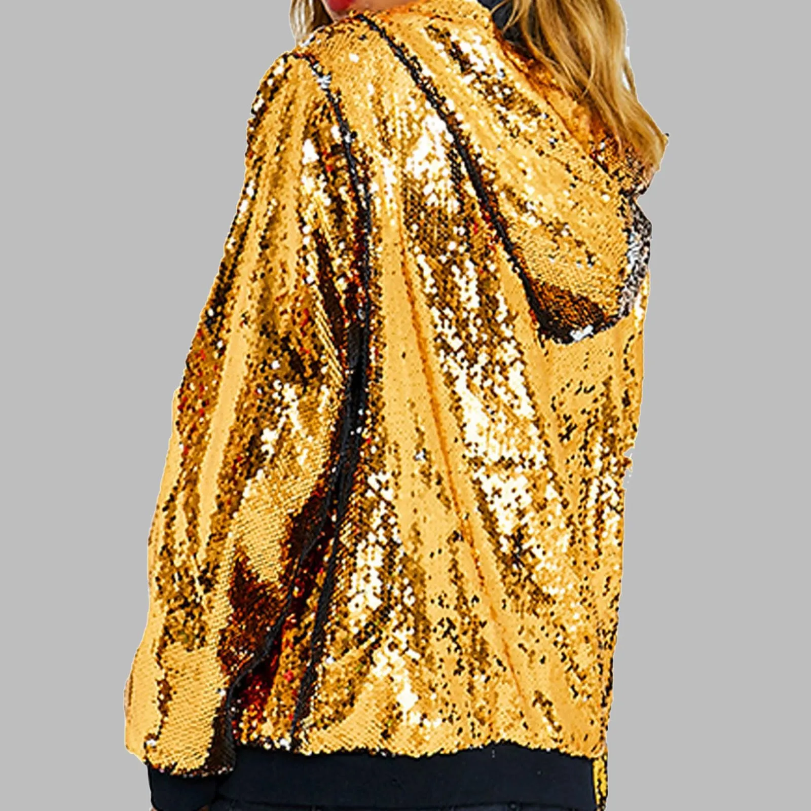 Duohropke Giacca glitterata da donna con cappuccio, con paillette, cardigan, felpa con cappuccio, con cerniera, giacca con cappuccio punk, giacca con cappuccio Rave Party Outwear leggera, lucida, per - immagine 3
