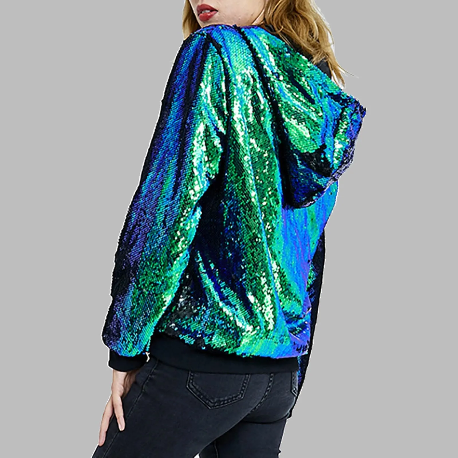 Duohropke Giacca glitterata da donna con cappuccio, con paillette, cardigan, felpa con cappuccio, con cerniera, giacca con cappuccio punk, giacca con cappuccio Rave Party Outwear leggera, lucida, per - immagine 3