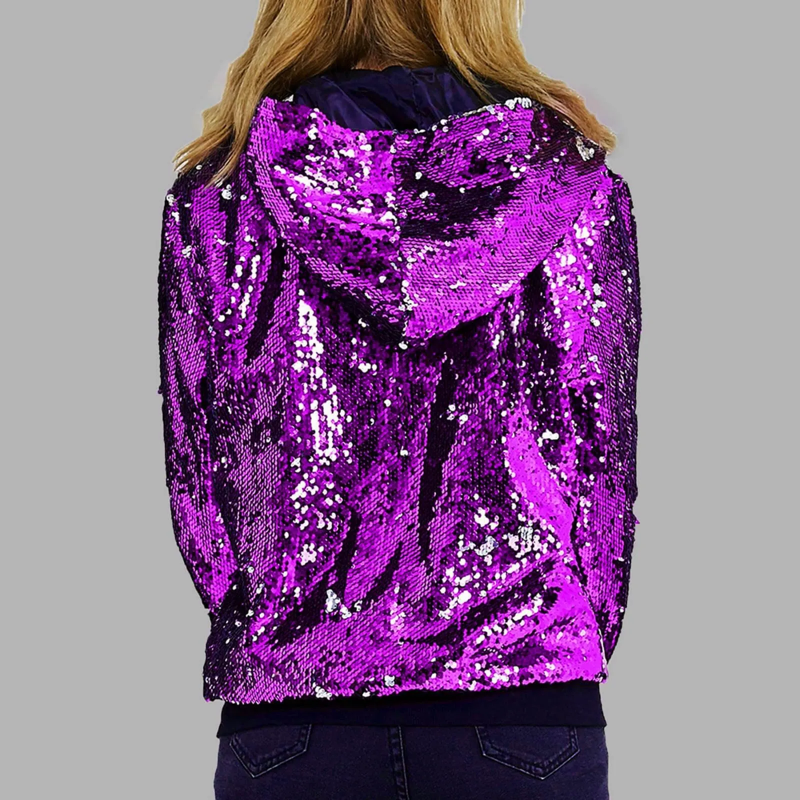 Duohropke Giacca glitterata da donna con cappuccio, con paillette, cardigan, felpa con cappuccio, con cerniera, giacca con cappuccio punk, giacca con cappuccio Rave Party Outwear leggera, lucida, per - immagine 3