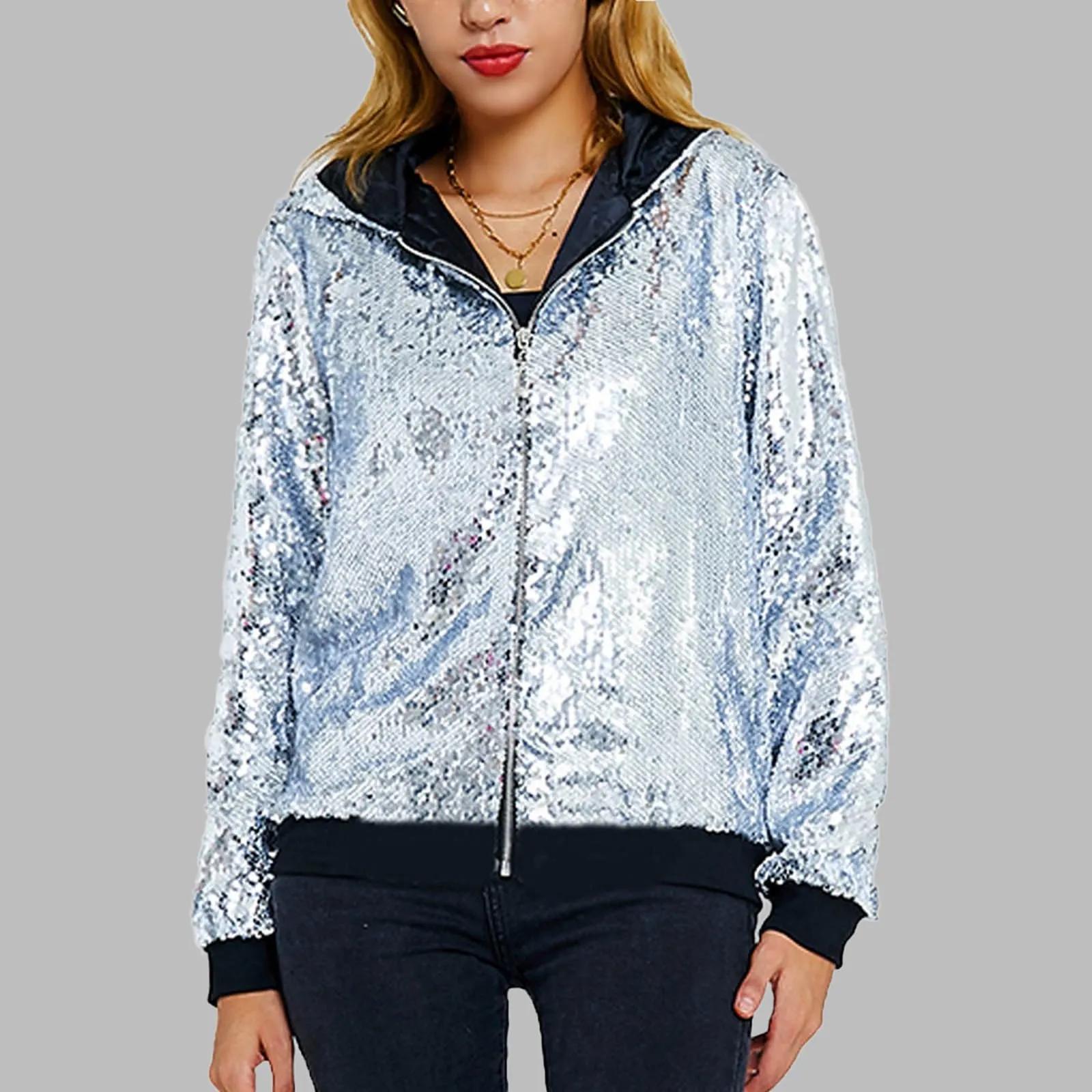 Duohropke Giacca glitterata da donna con cappuccio, con paillette, cardigan, felpa con cappuccio, con cerniera, giacca con cappuccio punk, giacca con cappuccio Rave Party Outwear leggera, lucida, per - immagine 2