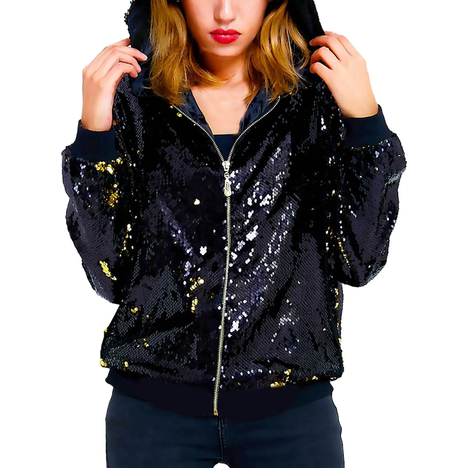 Duohropke Giacca glitterata da donna con cappuccio, con paillette, cardigan, felpa con cappuccio, con cerniera, giacca con cappuccio punk, giacca con cappuccio Rave Party Outwear leggera, lucida, per - immagine 5