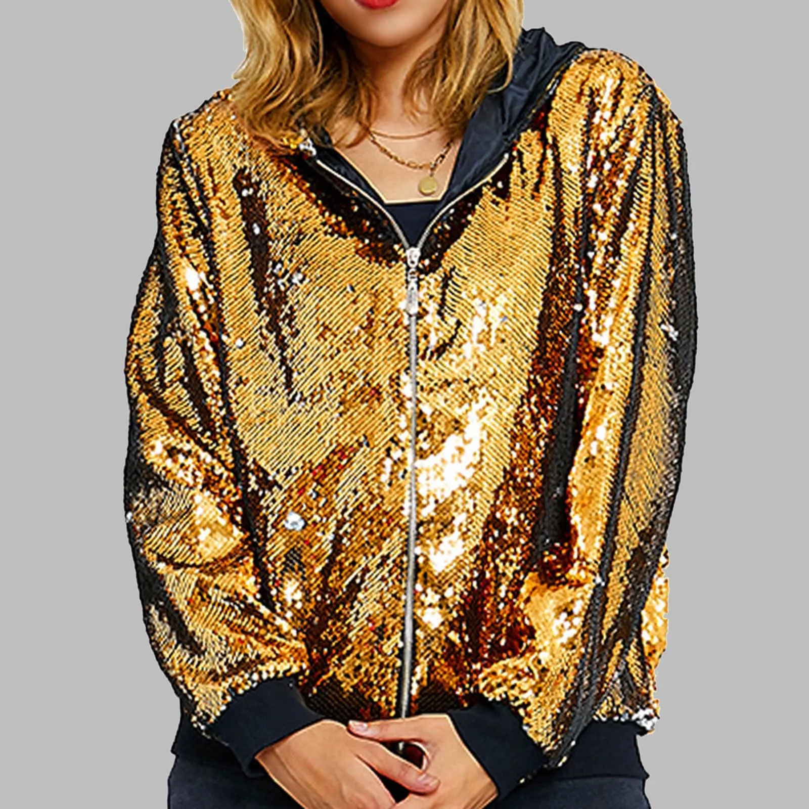 Duohropke Giacca glitterata da donna con cappuccio, con paillette, cardigan, felpa con cappuccio, con cerniera, giacca con cappuccio punk, giacca con cappuccio Rave Party Outwear leggera, lucida, per - immagine 2