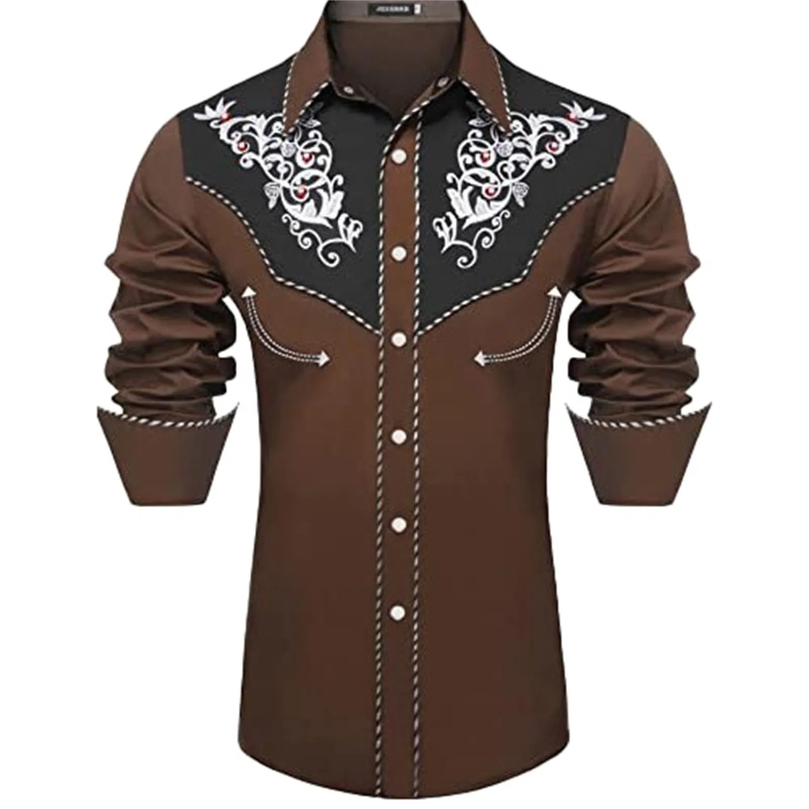 Mymyguoe Camicia western, da uomo, con stampa ricamata, da cowboy, slim fit, con ricamo, da cowboy cowboy country, Western Shirts Button Down Hippie Western Camicia da cowboy, marrone, L - immagine 2
