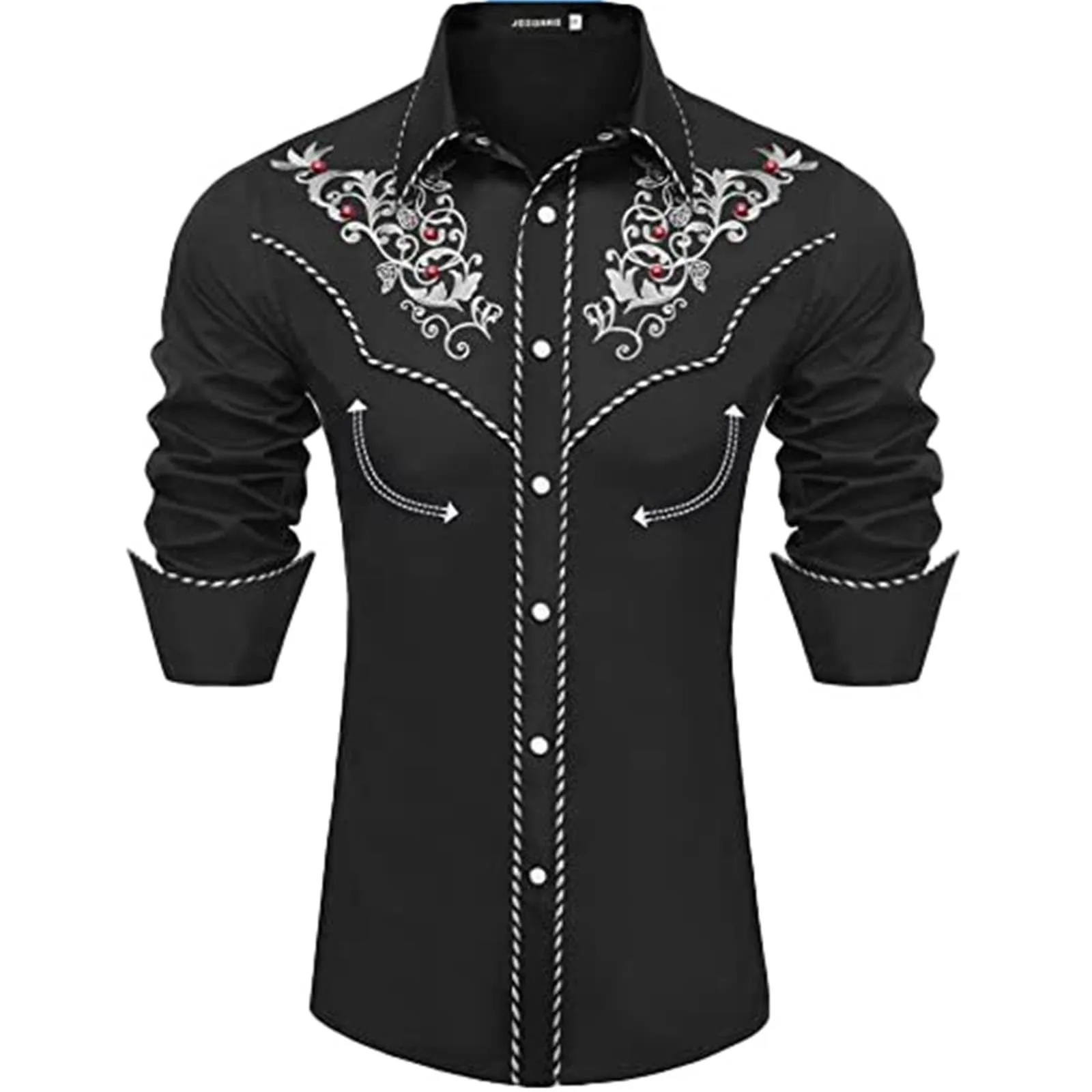 Mymyguoe Camicia western, da uomo, con stampa ricamata, da cowboy, slim fit, con ricamo, da cowboy cowboy country, Western Shirts Button Down Hippie Western Camicia da cowboy, Nero , 4XL - immagine 1