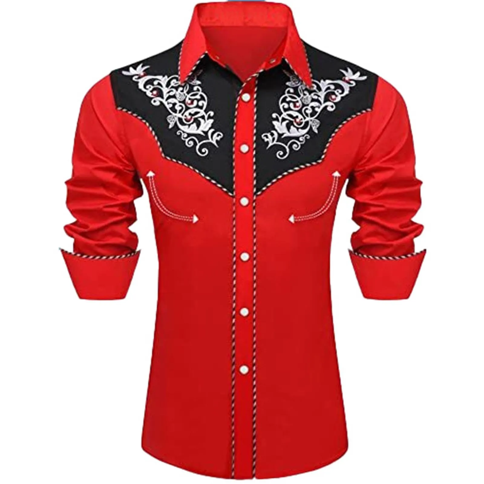 Mymyguoe Camicia western, da uomo, con stampa ricamata, da cowboy, slim fit, con ricamo, da cowboy cowboy country, Western Shirts Button Down Hippie Western Camicia da cowboy, Colore: rosso, 3XL - immagine 1