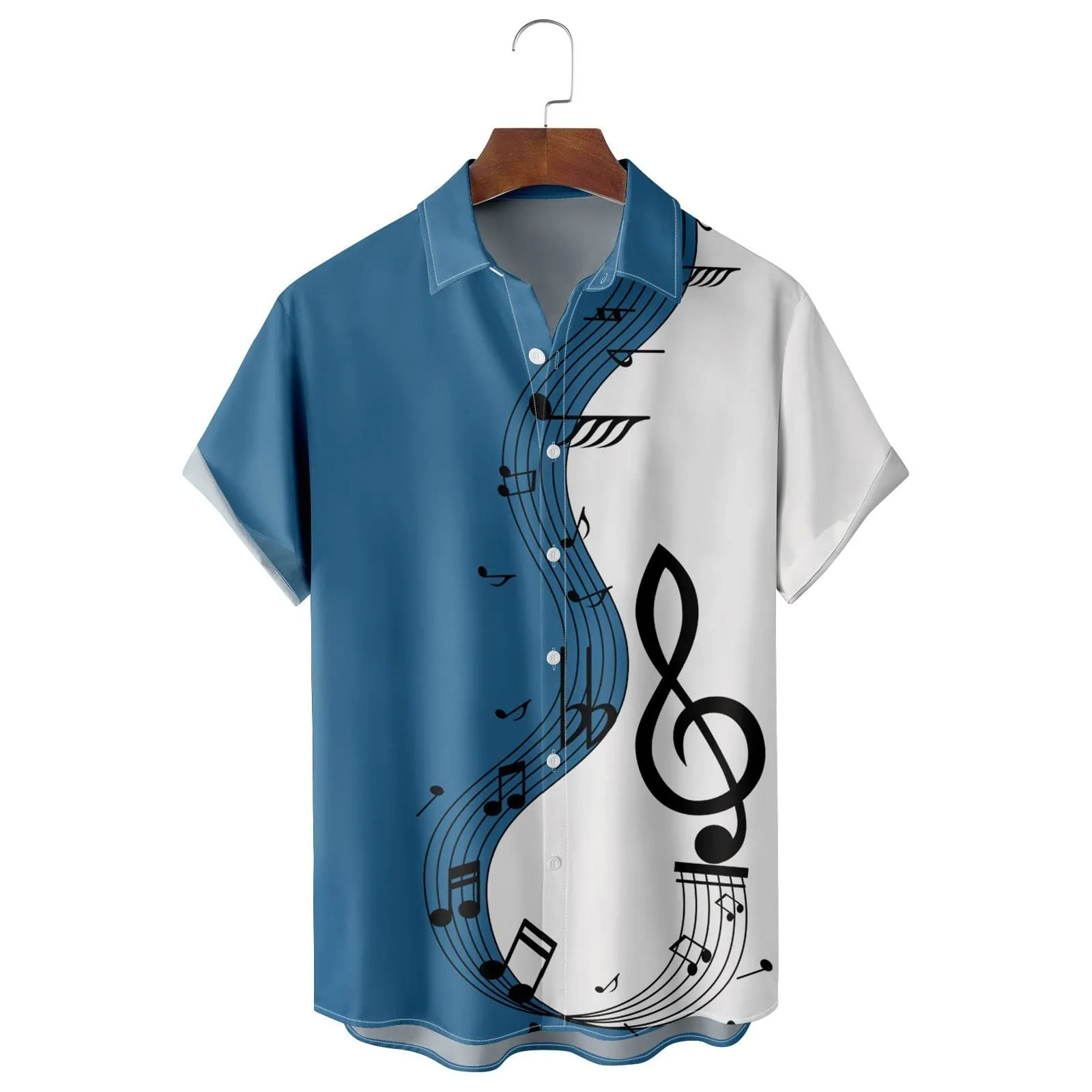 Generico Camicia Uomo Casual Stampa Patchwork Musicale, Maniche Corte Polsini Rinforzati, Pulsanti Collo Lapello, Top Stiloso Eventi(Blue, XXXL) - immagine 3