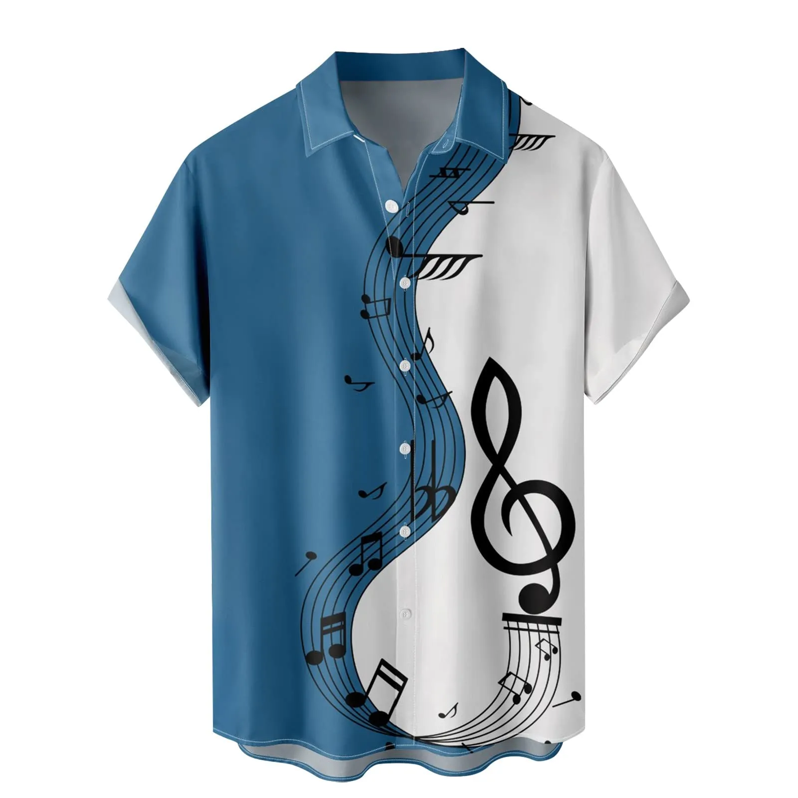 Generico Camicia Uomo Casual Stampa Patchwork Musicale, Maniche Corte Polsini Rinforzati, Pulsanti Collo Lapello, Top Stiloso Eventi(Blue, M) - immagine 1