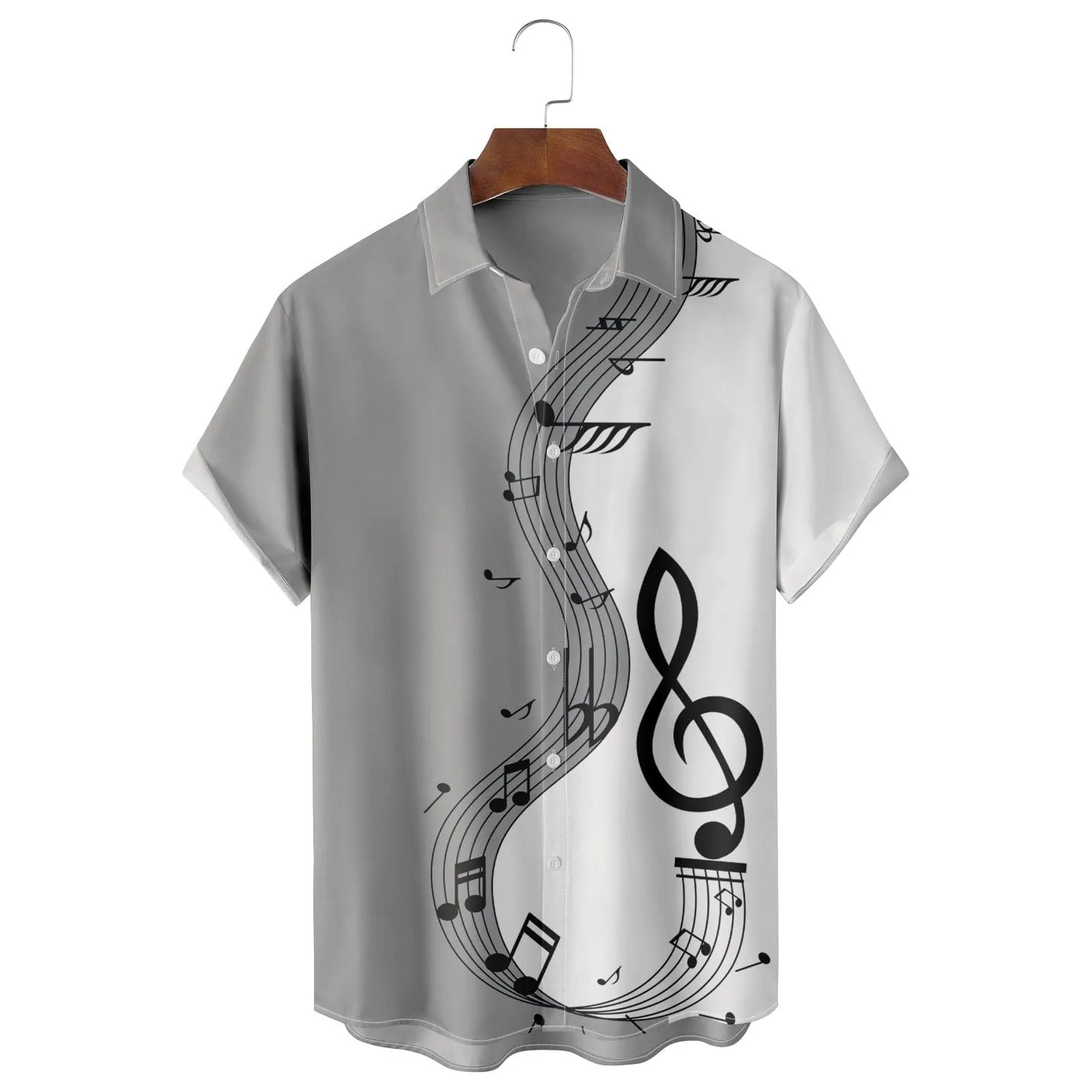Generico Camicia Uomo Casual Stampa Patchwork Musicale, Maniche Corte Polsini Rinforzati, Pulsanti Collo Lapello, Top Stiloso Eventi(Grey, M) - immagine 3