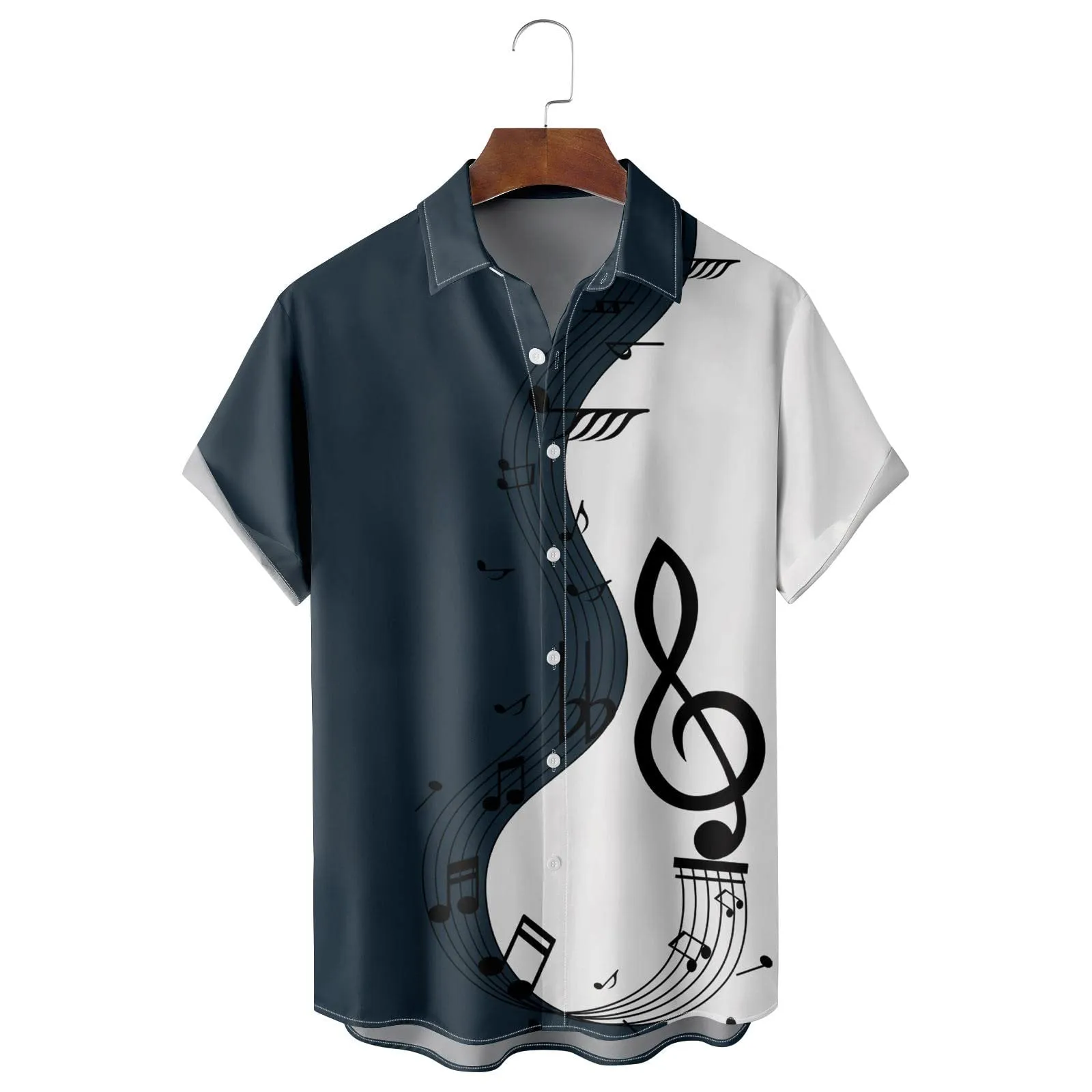 Generico Camicia Uomo Casual Stampa Patchwork Musicale, Maniche Corte Polsini Rinforzati, Pulsanti Collo Lapello, Top Stiloso Eventi(Navy, L) - immagine 3
