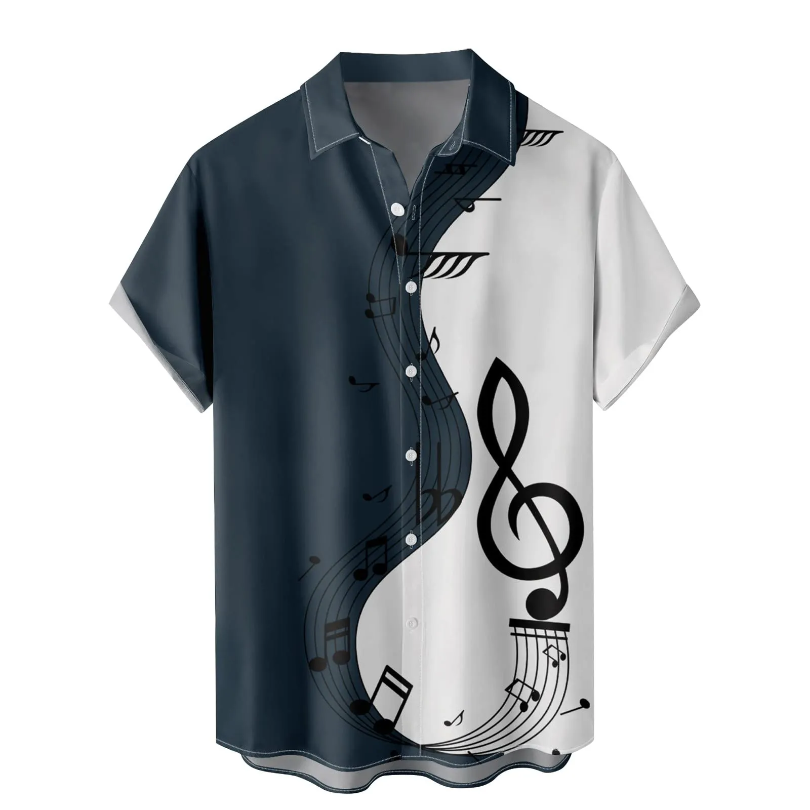 Generico Camicia Uomo Casual Stampa Patchwork Musicale, Maniche Corte Polsini Rinforzati, Pulsanti Collo Lapello, Top Stiloso Eventi(Navy, M) - immagine 1
