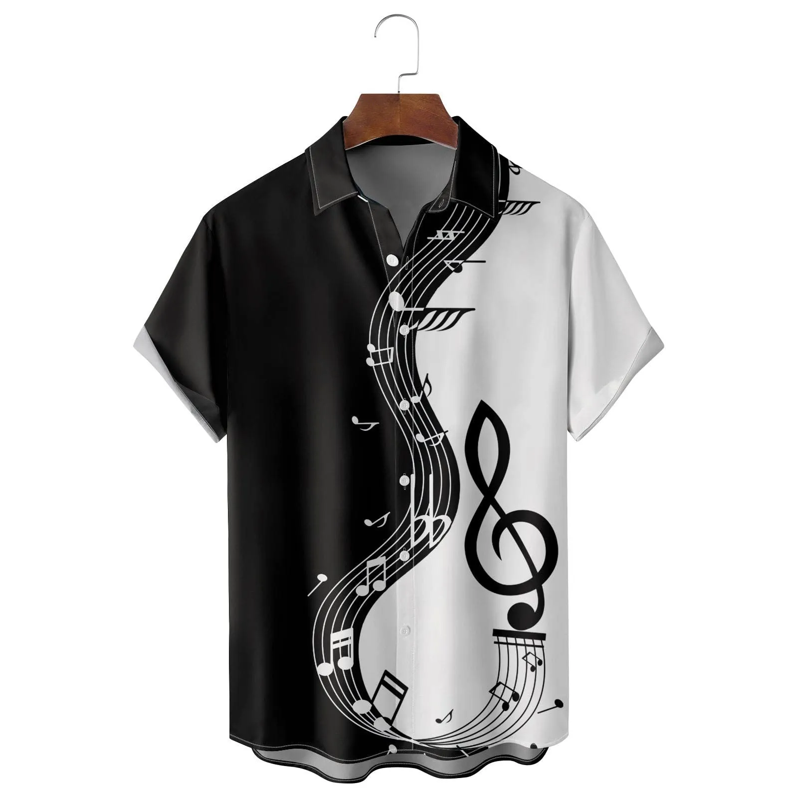 Generico Camicia Uomo Casual Stampa Patchwork Musicale, Maniche Corte Polsini Rinforzati, Pulsanti Collo Lapello, Top Stiloso Eventi(Black, XL) - immagine 3