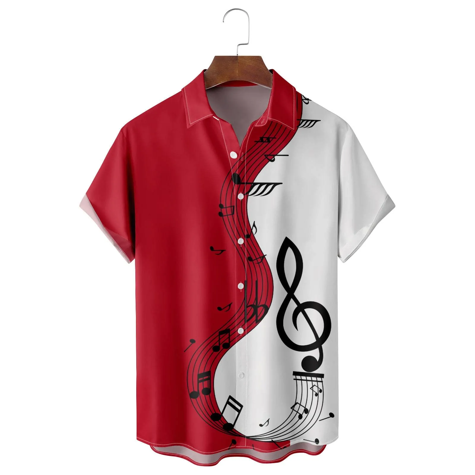 Generico Camicia Uomo Casual Stampa Patchwork Musicale, Maniche Corte Polsini Rinforzati, Pulsanti Collo Lapello, Top Stiloso Eventi(Red, L) - immagine 3