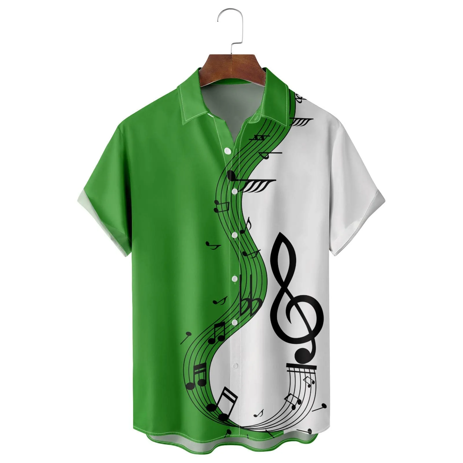 Generico Camicia Uomo Casual Stampa Patchwork Musicale, Maniche Corte Polsini Rinforzati, Pulsanti Collo Lapello, Top Stiloso Eventi(Green, M) - immagine 3
