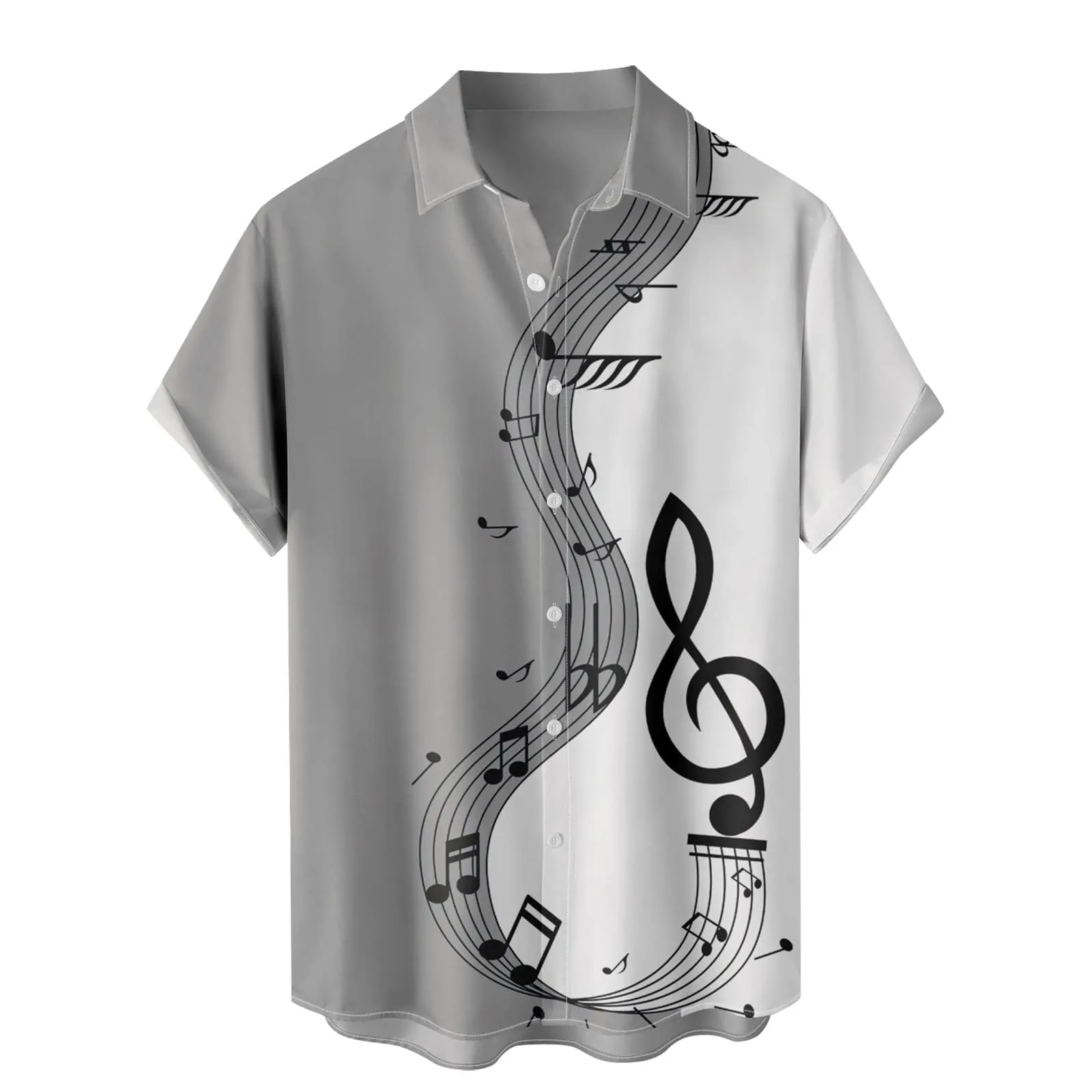 Generico Camicia Uomo Casual Stampa Patchwork Musicale, Maniche Corte Polsini Rinforzati, Pulsanti Collo Lapello, Top Stiloso Eventi(Grey, XL) - immagine 1