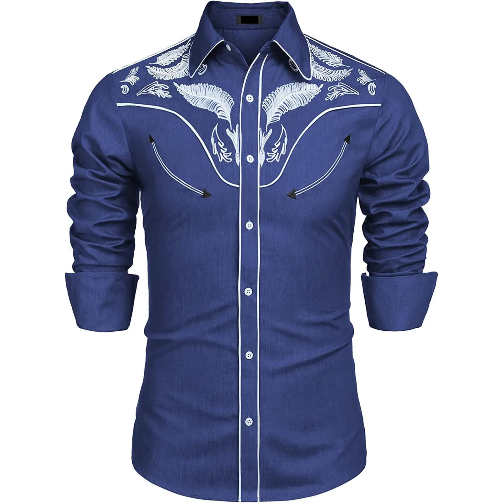 Mymyguoe Camicia western, da uomo, con stampa ricamata, da cowboy, slim fit, con ricamo, da cowboy cowboy country, Western Shirts Button Down Hippie Western Camicia da cowboy, Q1 Blu, S - immagine 4