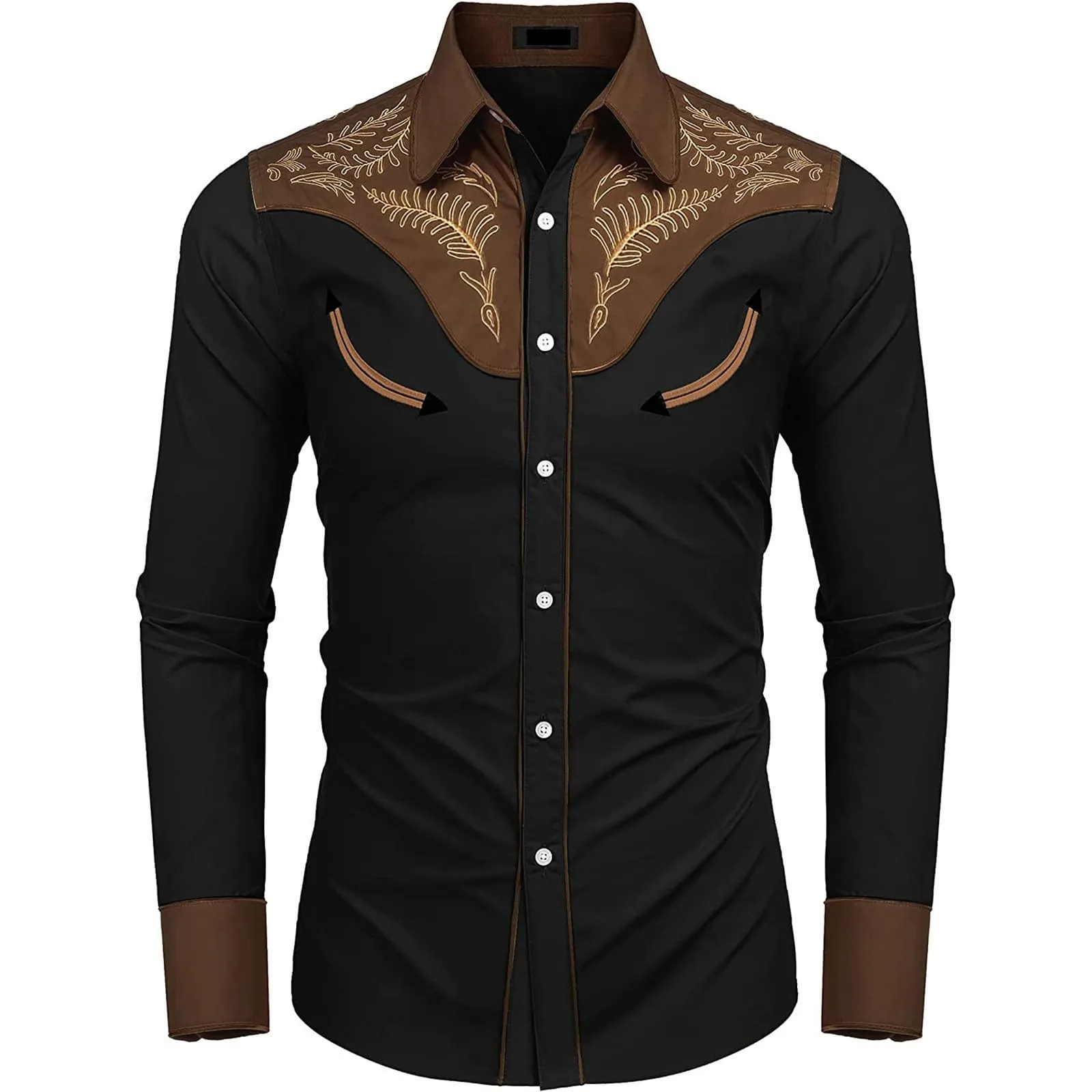 Mymyguoe Camicia western, da uomo, con stampa ricamata, da cowboy, slim fit, con ricamo, da cowboy cowboy country, Western Shirts Button Down Hippie Western Camicia da cowboy, Q1 nero, M - immagine 4