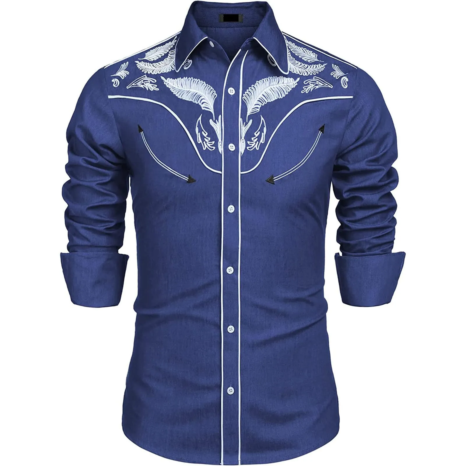Mymyguoe Camicia western, da uomo, con stampa ricamata, da cowboy, slim fit, con ricamo, da cowboy cowboy country, Western Shirts Button Down Hippie Western Camicia da cowboy, Q1 Blu, L - immagine 2