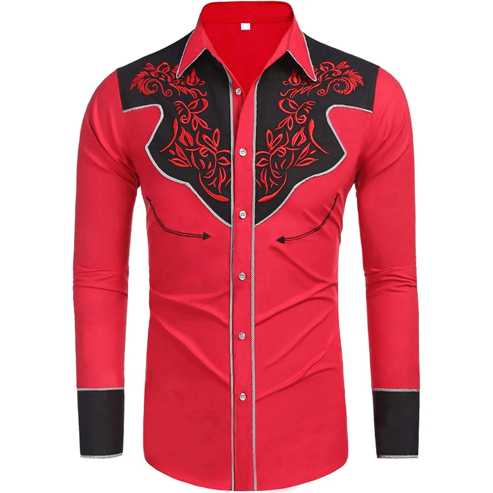 Mymyguoe Camicia western, da uomo, con stampa ricamata, da cowboy, slim fit, con ricamo, da cowboy cowboy country, Western Shirts Button Down Hippie Western Camicia da cowboy, Q1 rosso, XL - immagine 4