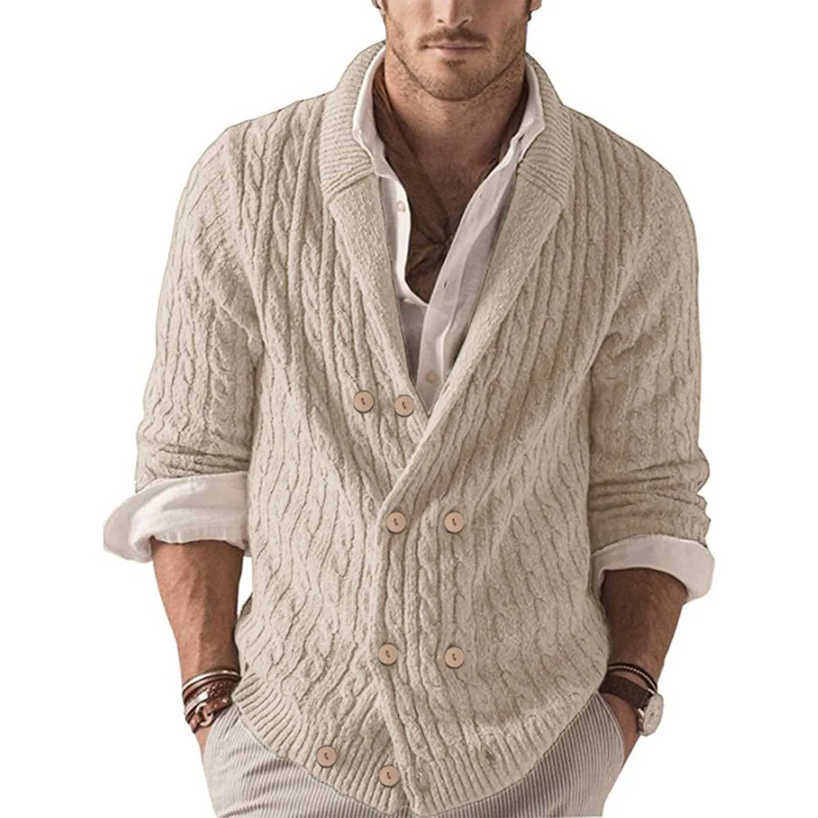 Mymyguoe Cardigan tradizionale da uomo, cardigan in lana, doppio petto, cappotto invernale, maglione spesso caldo, senza cappuccio, giacca invernale, cardigan classico, beige., XXL - immagine 2