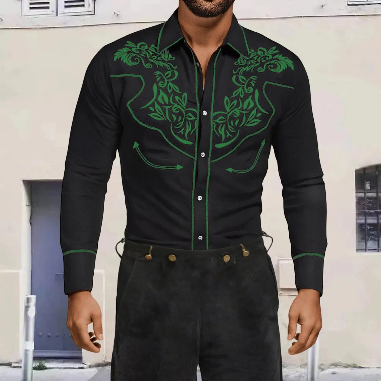 Mymyguoe Camicia western, da uomo, con stampa ricamata, da cowboy, slim fit, con ricamo, da cowboy cowboy country, Western Shirts Button Down Hippie Western Camicia da cowboy, Q2 verde, S - immagine 2