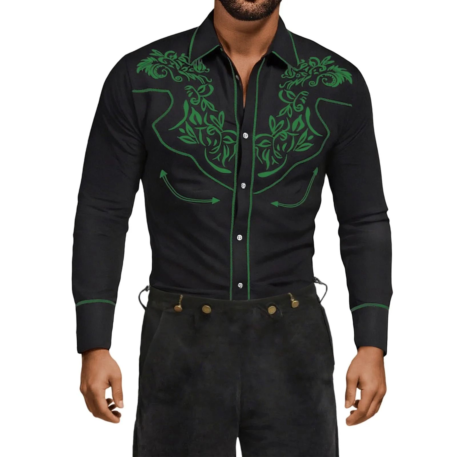 Mymyguoe Camicia western, da uomo, con stampa ricamata, da cowboy, slim fit, con ricamo, da cowboy cowboy country, Western Shirts Button Down Hippie Western Camicia da cowboy, Q2 verde, S - immagine 5
