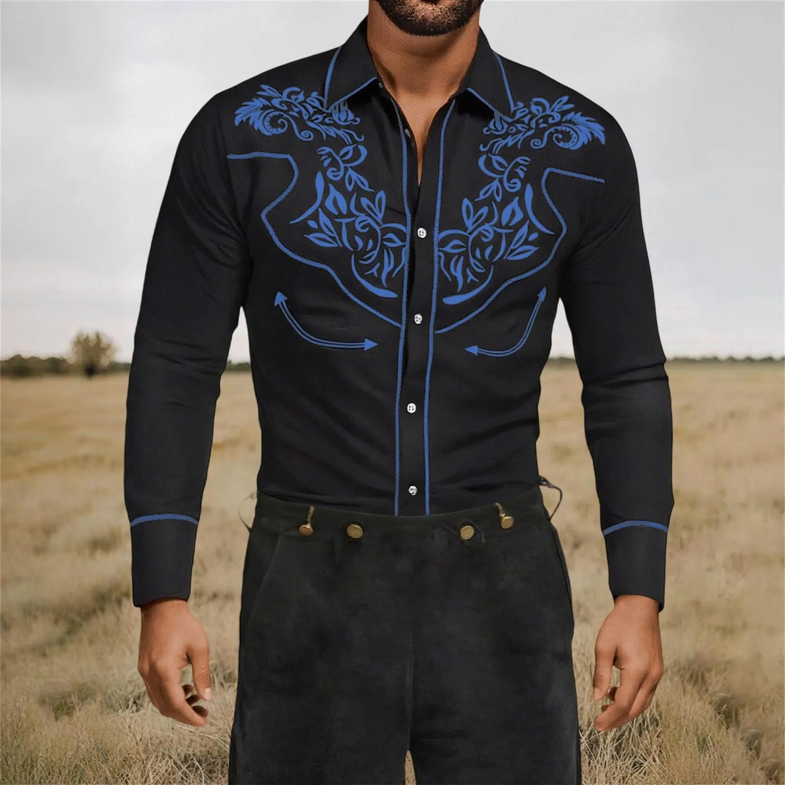 Mymyguoe Camicia western, da uomo, con stampa ricamata, da cowboy, slim fit, con ricamo, da cowboy cowboy country, Western Shirts Button Down Hippie Western Camicia da cowboy, Q2 Blu, 3XL - immagine 3