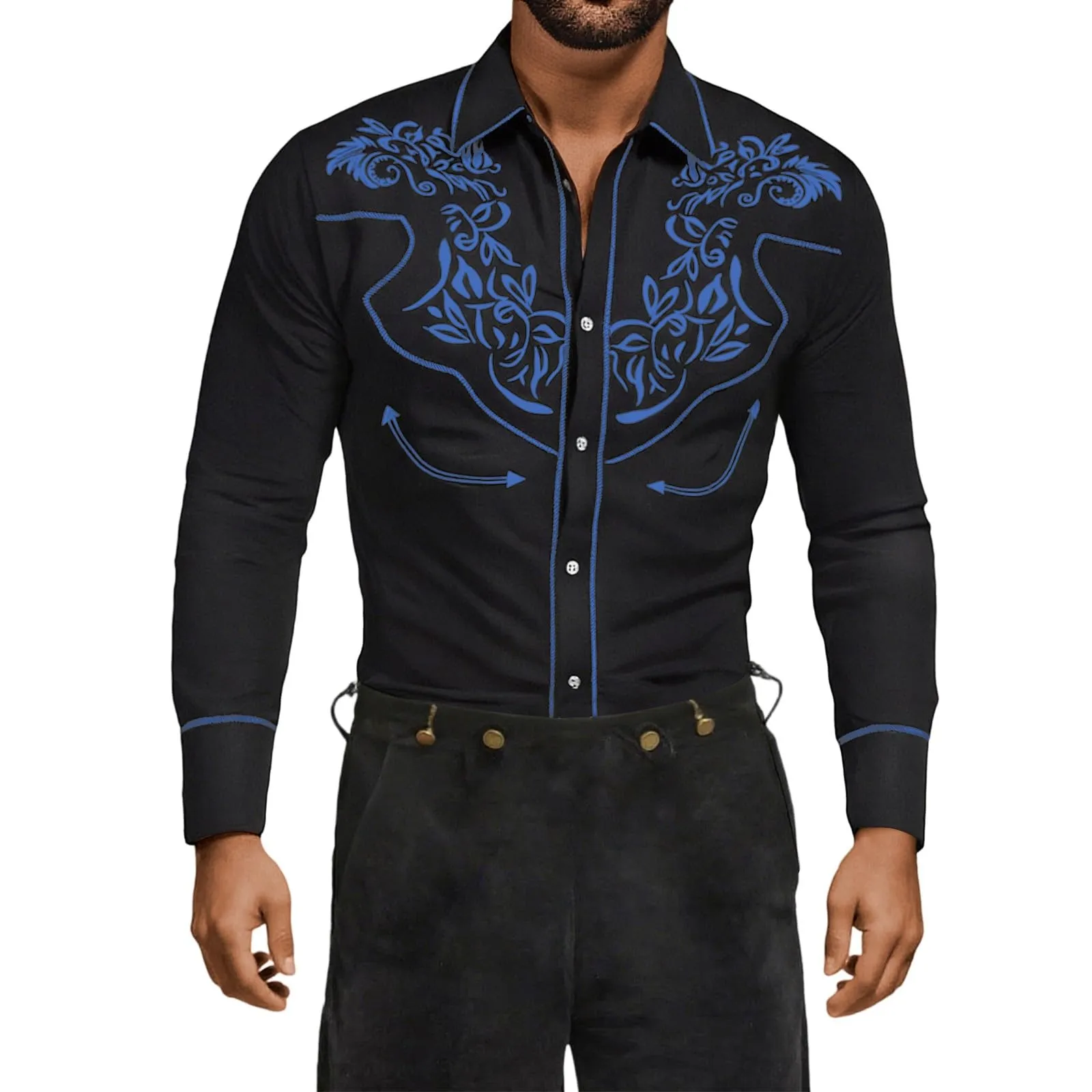 Mymyguoe Camicia western, da uomo, con stampa ricamata, da cowboy, slim fit, con ricamo, da cowboy cowboy country, Western Shirts Button Down Hippie Western Camicia da cowboy, Q2 Blu, 3XL - immagine 5