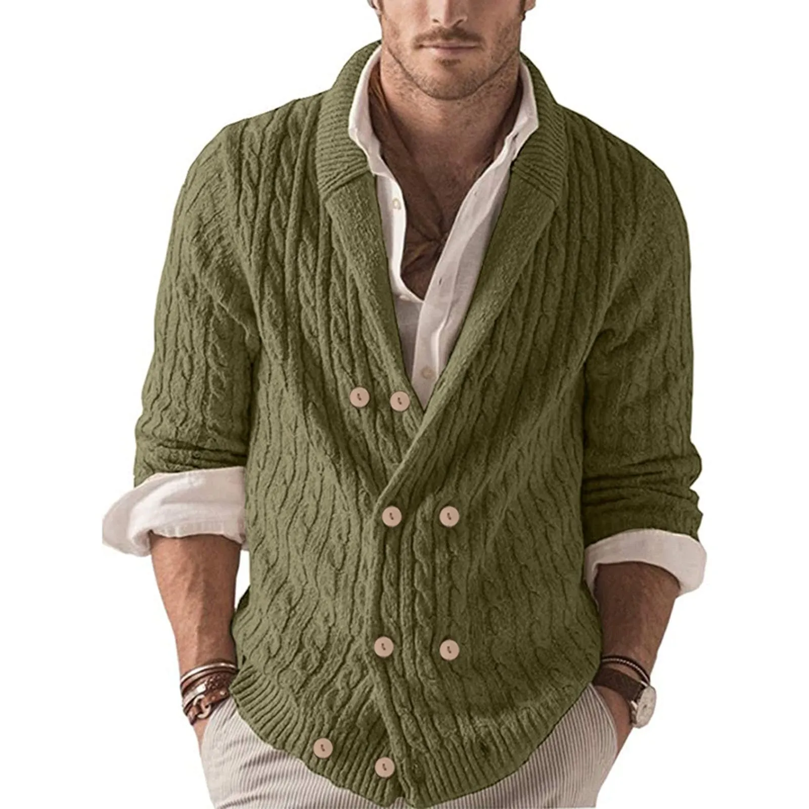 Mymyguoe - Cardigan da uomo invernale in lana per tradizione, giacca a doppiopetto, senza cappuccio, in maglia, pullover spesso e caldo, mantello invernale, giacca da corsa classica, verde militare - immagine 2