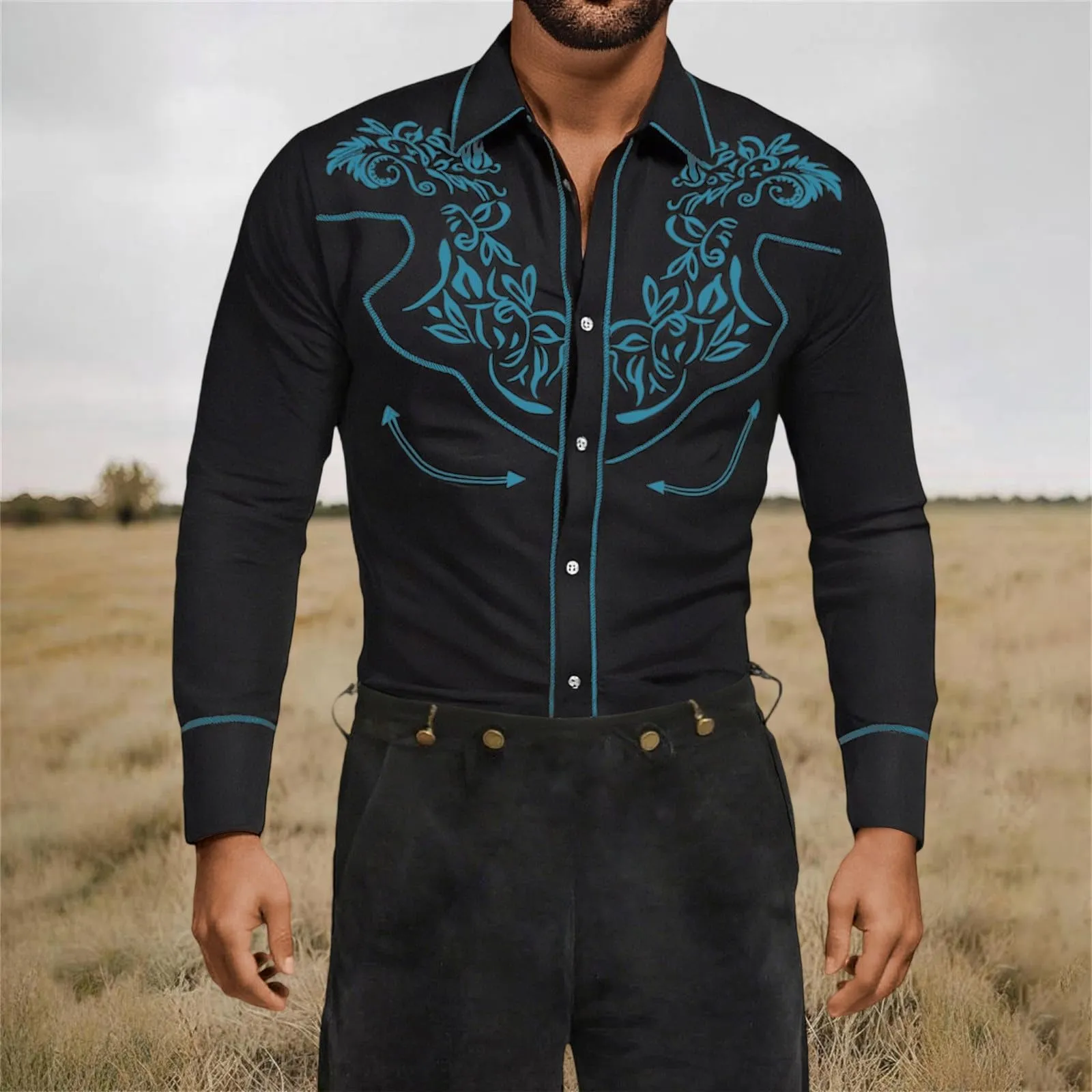 Mymyguoe Camicia western, da uomo, con stampa ricamata, da cowboy, slim fit, con ricamo, da cowboy cowboy country, Western Shirts Button Down Hippie Western Camicia da cowboy, Q2 azzurro, M - immagine 3
