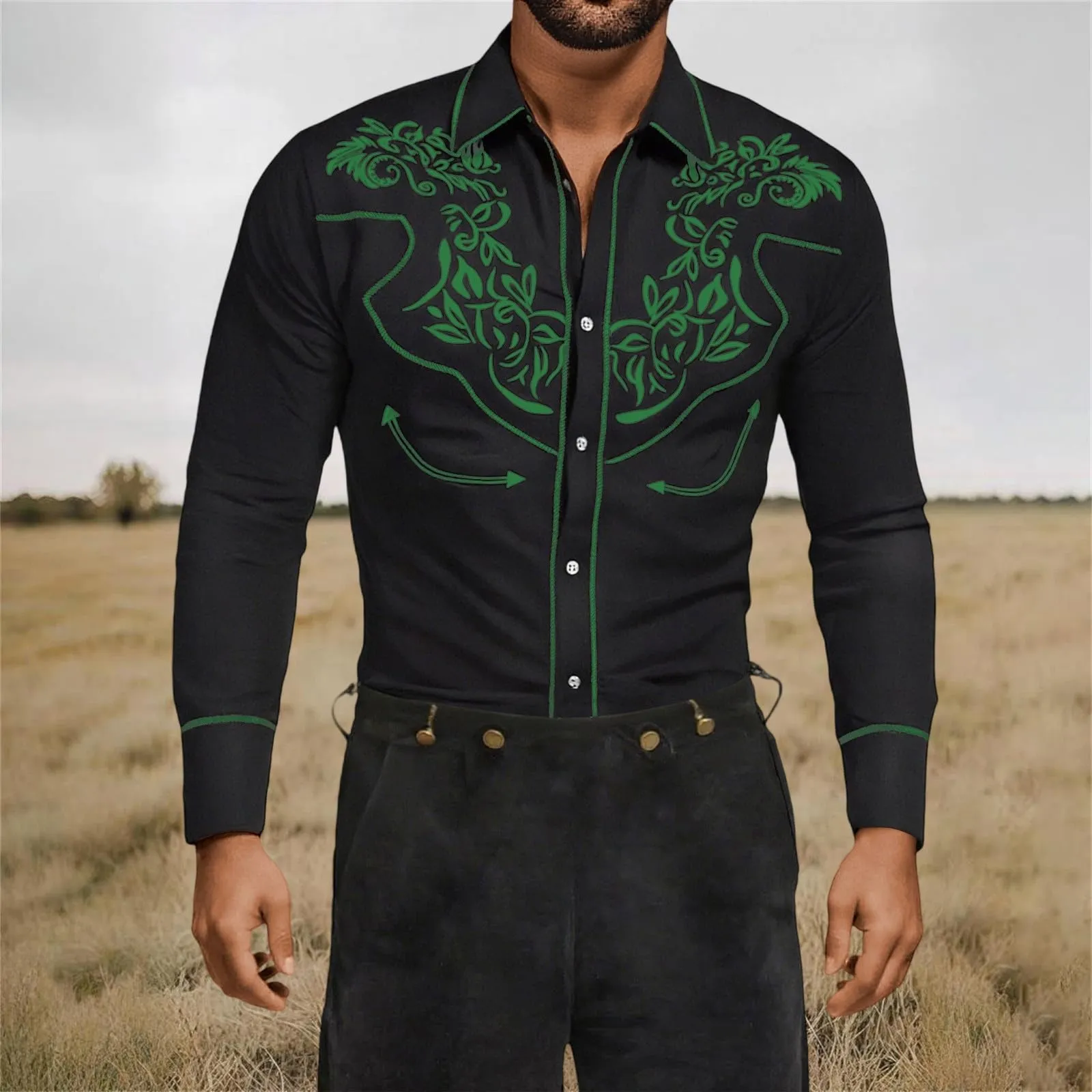 Mymyguoe Camicia western, da uomo, con stampa ricamata, da cowboy, slim fit, con ricamo, da cowboy cowboy country, Western Shirts Button Down Hippie Western Camicia da cowboy, Q2 verde, XL - immagine 3